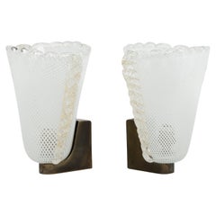 Midcentury Pair of Sconces in Brass and "Reticello" Glass by Venini, Italy 1950s