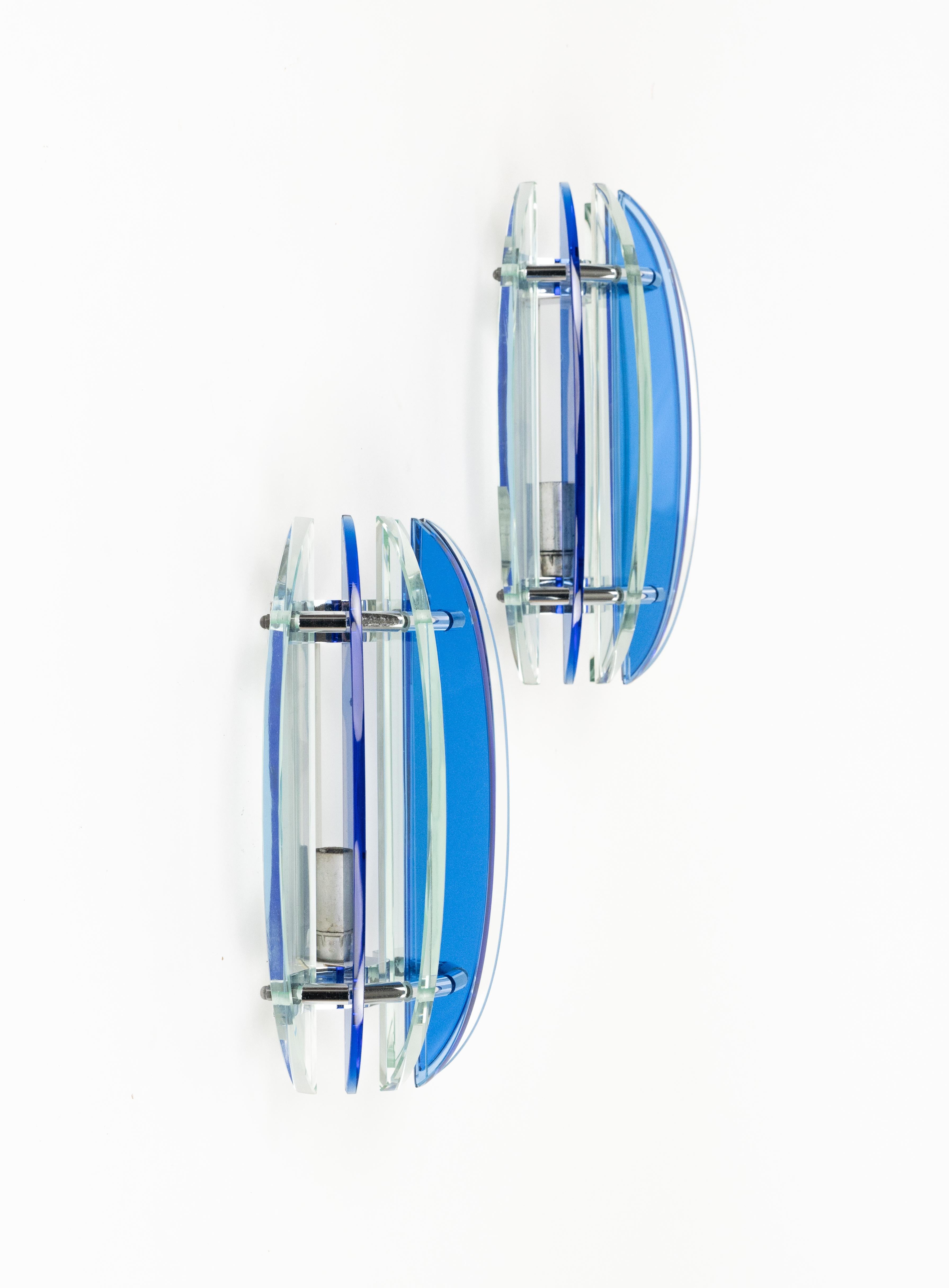 Mid-Century Modern Midcentury Pair of Sconces in Colored Glass and Chrome by Veca, Italy, 1970s For Sale