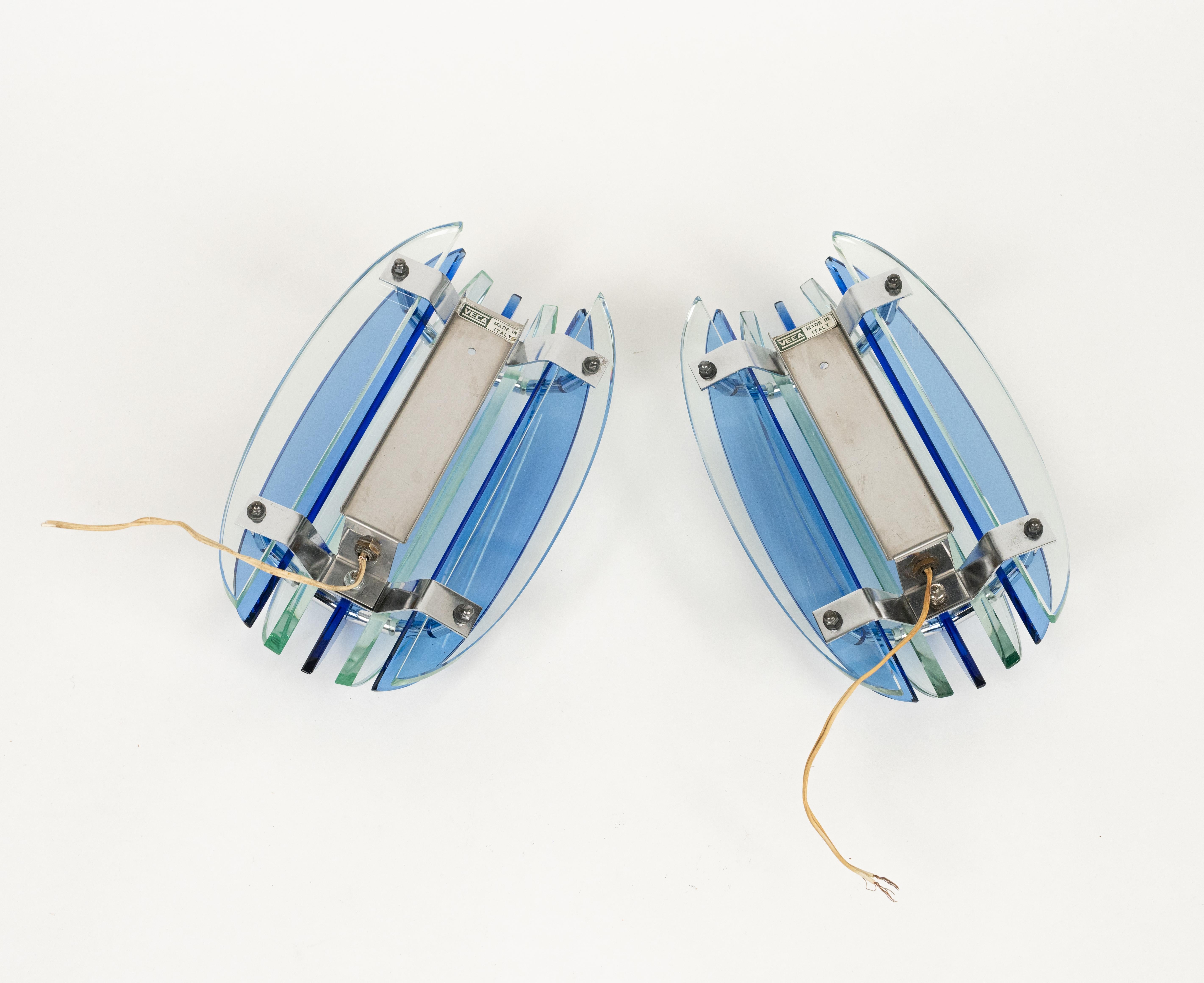 Midcentury Pair of Sconces in Colored Glass and Chrome by Veca, Italy, 1970s For Sale 2