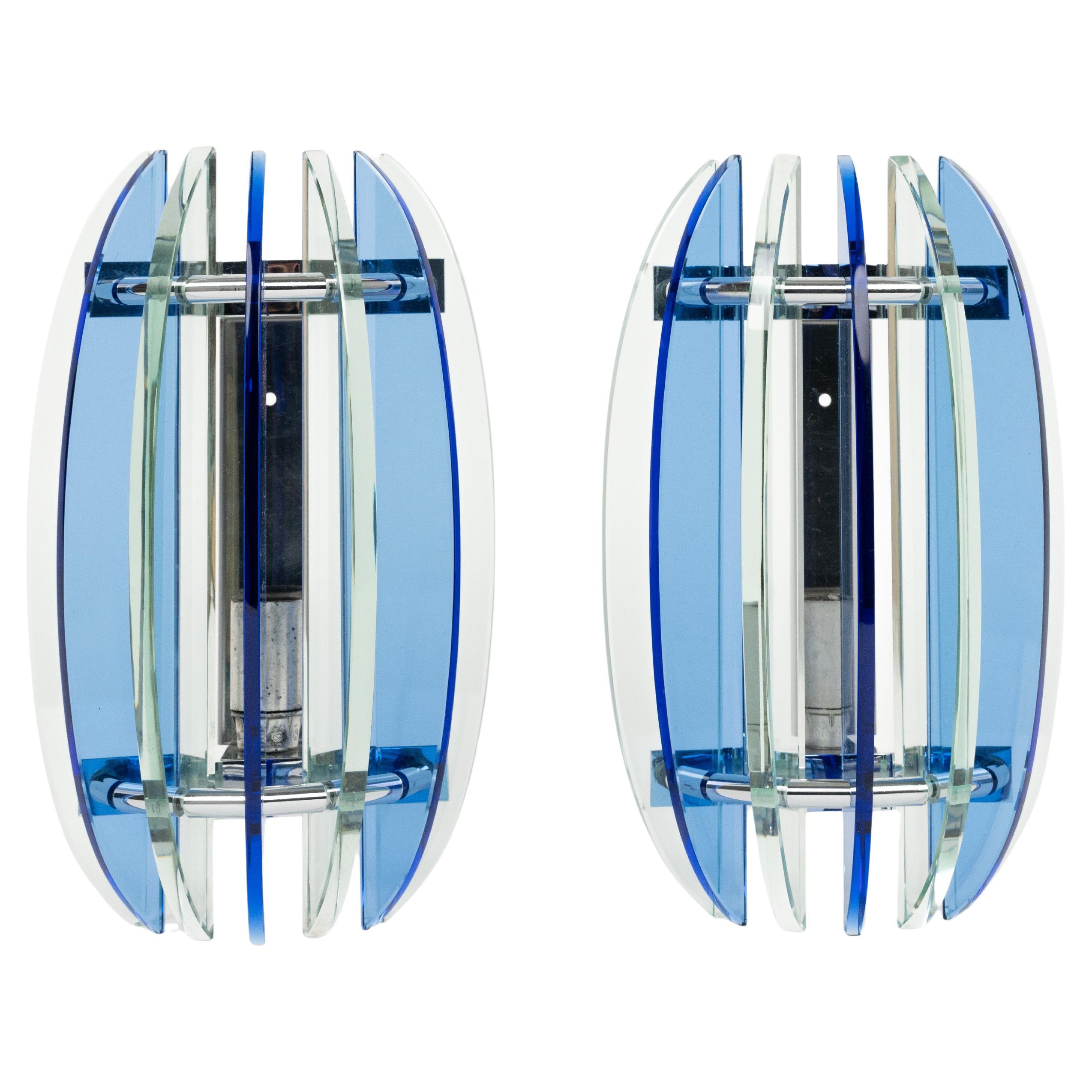 Midcentury Pair of Sconces in Colored Glass and Chrome by Veca, Italy, 1970s