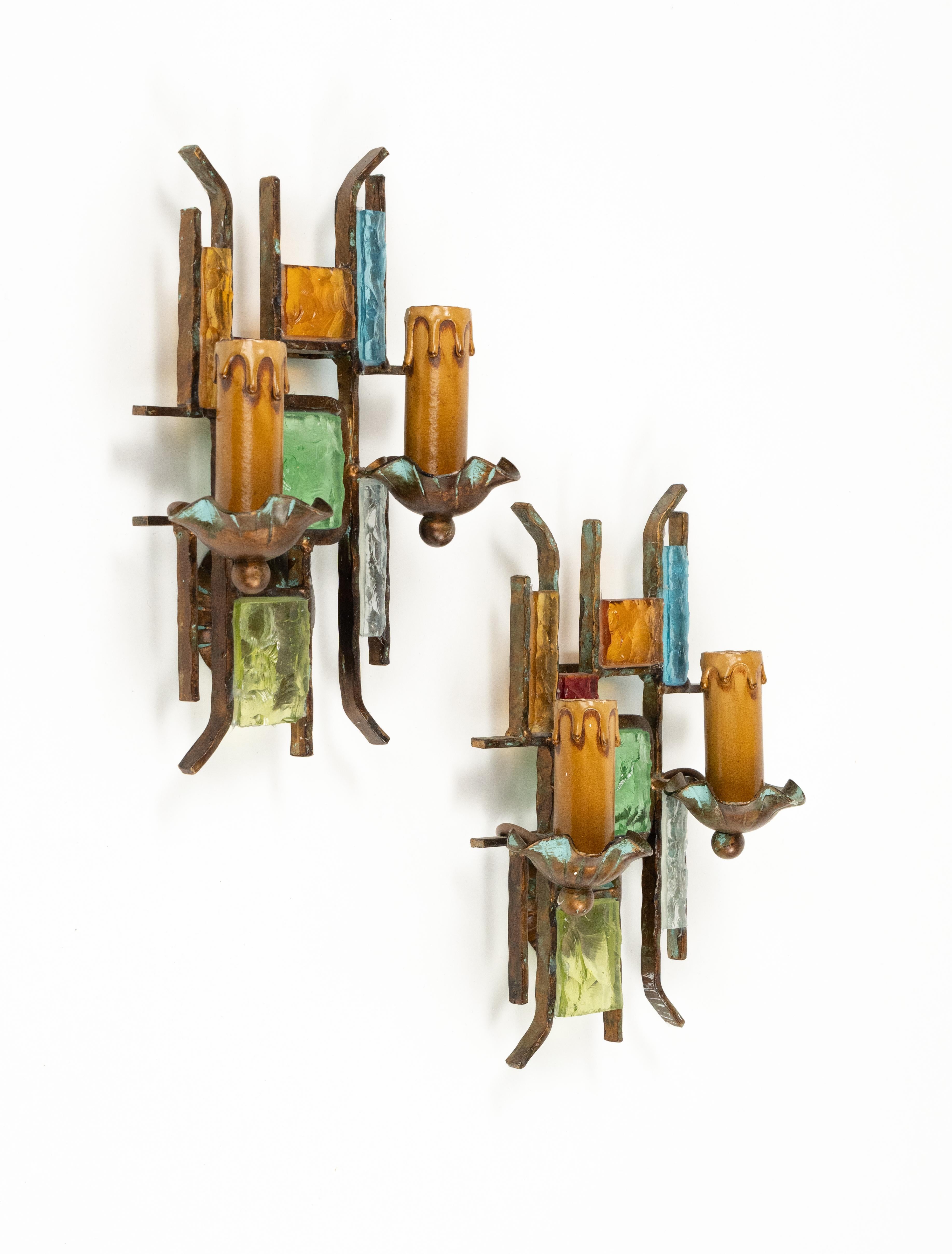 Midcentury Pair of Sconces in Iron and Art Glass by Poliarte Italy 1970s For Sale 3