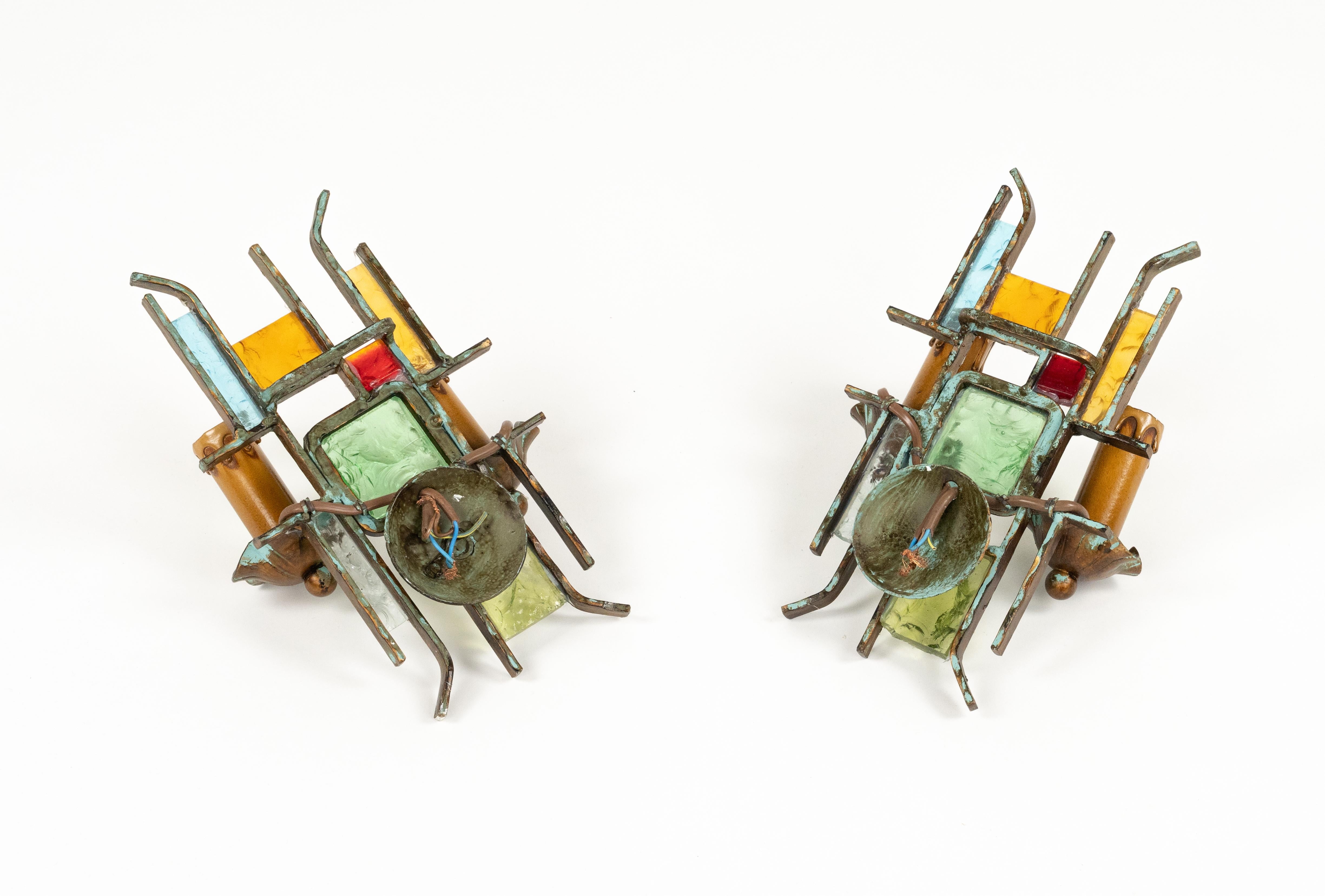 Midcentury Pair of Sconces in Iron and Art Glass by Poliarte Italy 1970s For Sale 5