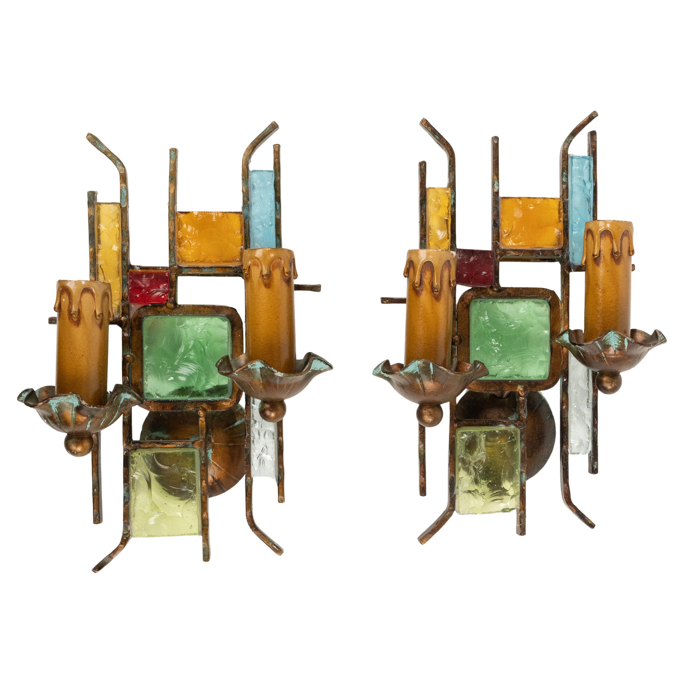 Midcentury Pair of Sconces in Iron and Art Glass by Poliarte Italy 1970s For Sale 6
