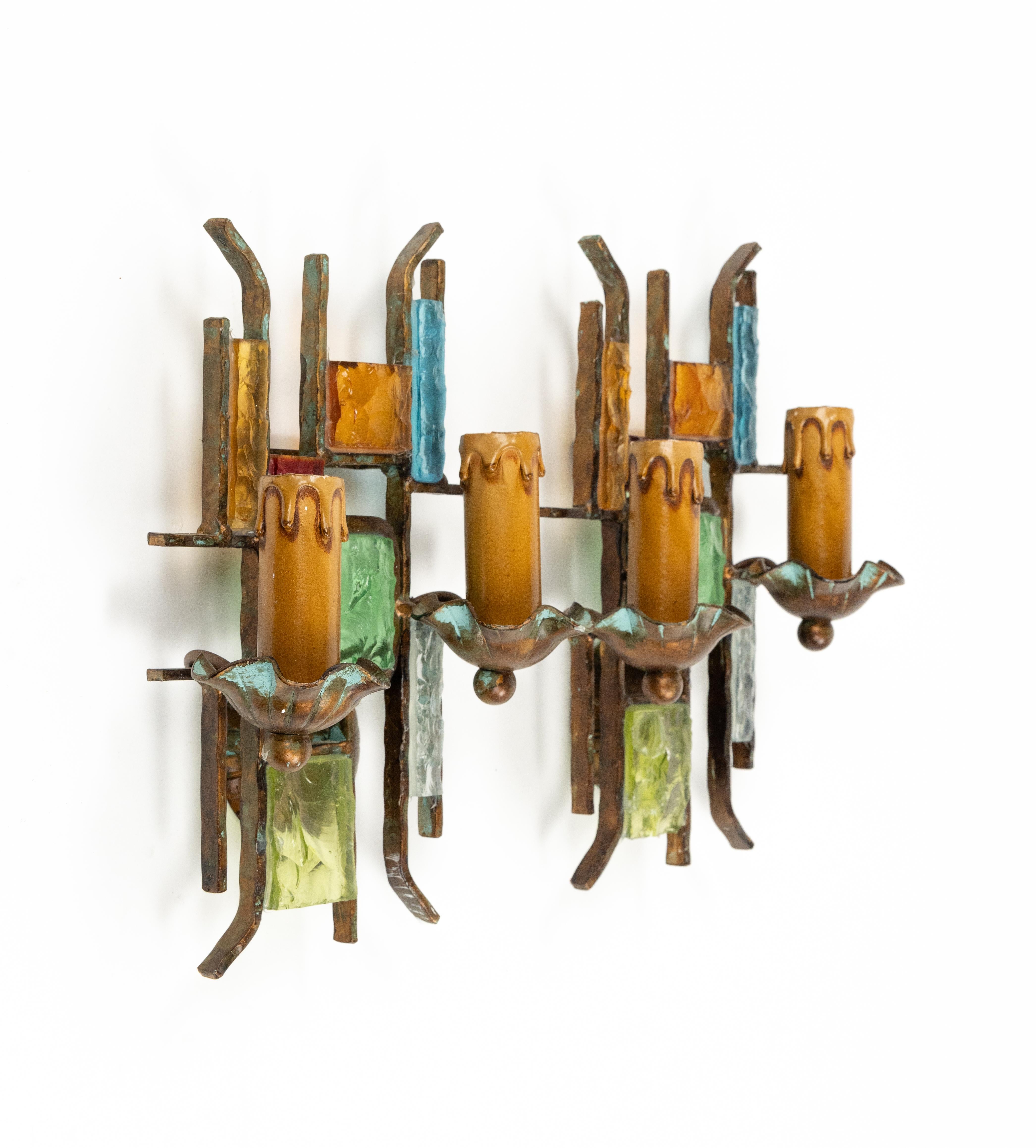 Mid-Century Modern Midcentury Pair of Sconces in Iron and Art Glass by Poliarte Italy 1970s For Sale