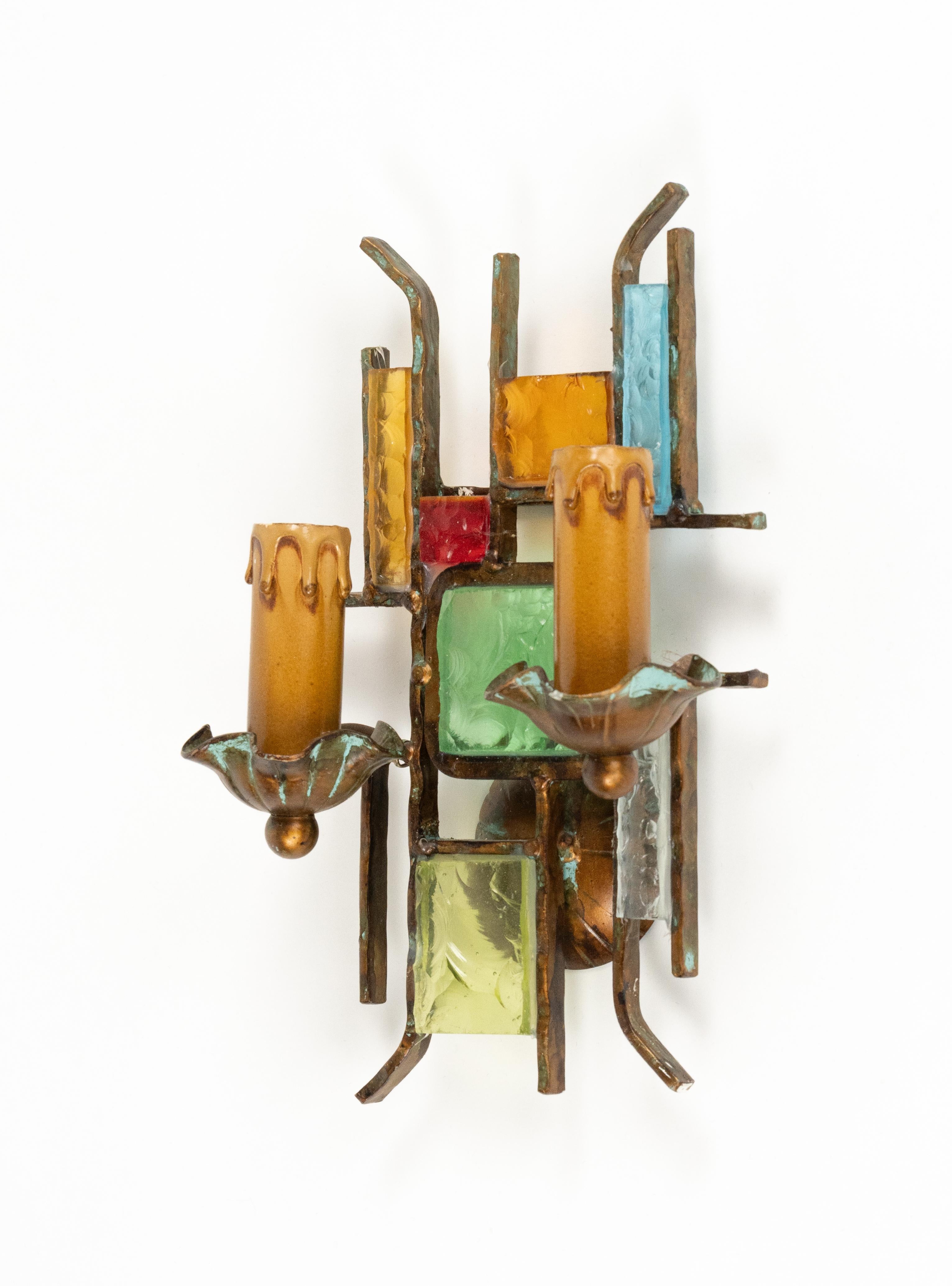 Late 20th Century Midcentury Pair of Sconces in Iron and Art Glass by Poliarte Italy 1970s For Sale