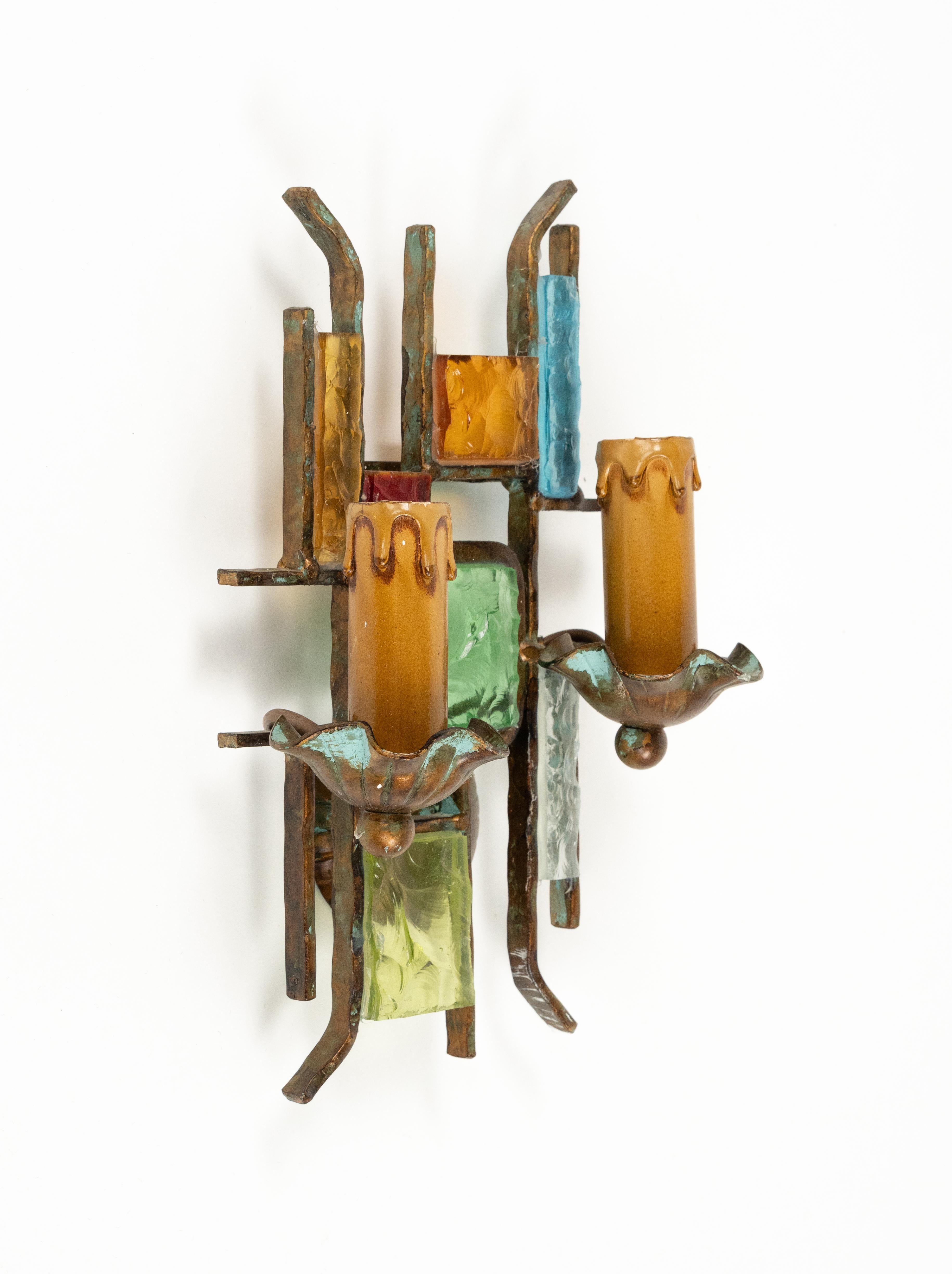 Metal Midcentury Pair of Sconces in Iron and Art Glass by Poliarte Italy 1970s For Sale