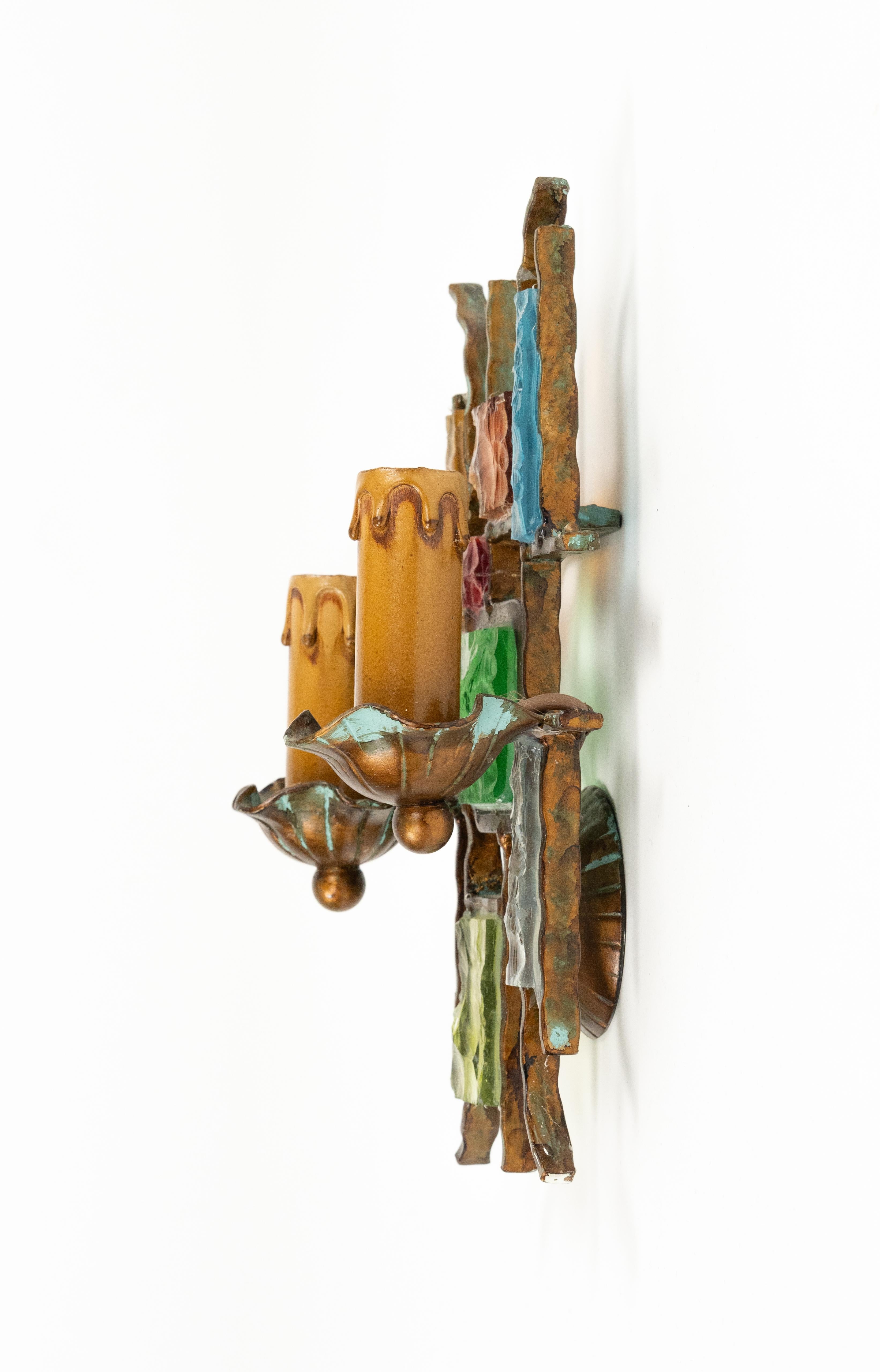 Midcentury Pair of Sconces in Iron and Art Glass by Poliarte Italy 1970s For Sale 1