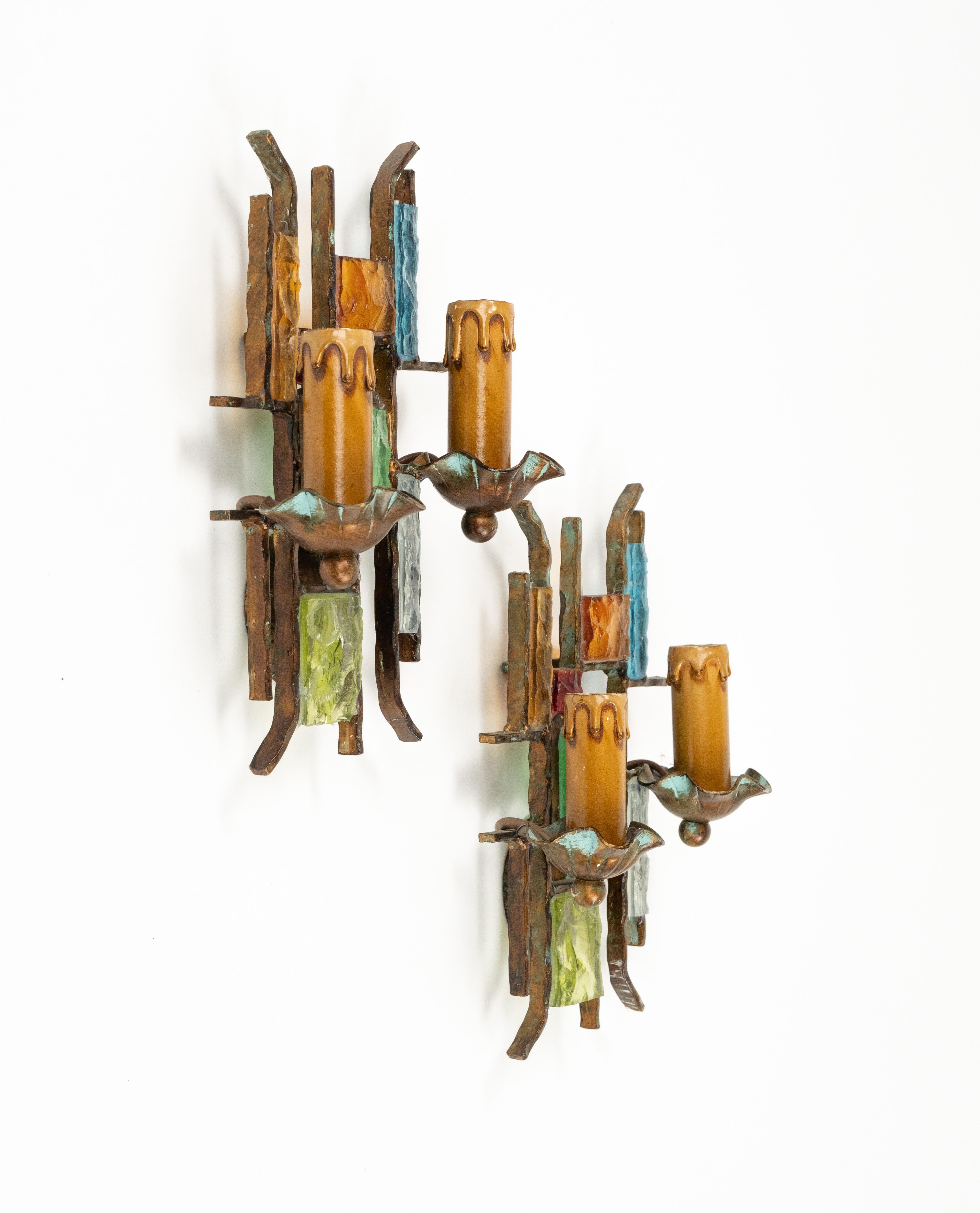 Midcentury Pair of Sconces in Iron and Art Glass by Poliarte Italy 1970s For Sale 2
