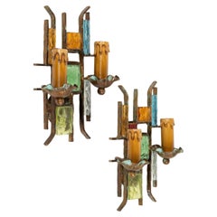 Midcentury Pair of Sconces in Iron and Art Glass by Poliarte Italy 1970s