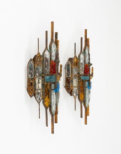 Midcentury Pair of Sconces in Iron and Hammered Glass by Longobard, Italy, 1970s