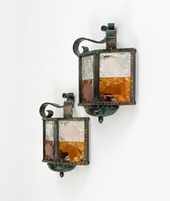 Midcentury Pair of Sconces in Iron and Hammered Glass by Longobard, Italy, 1970s