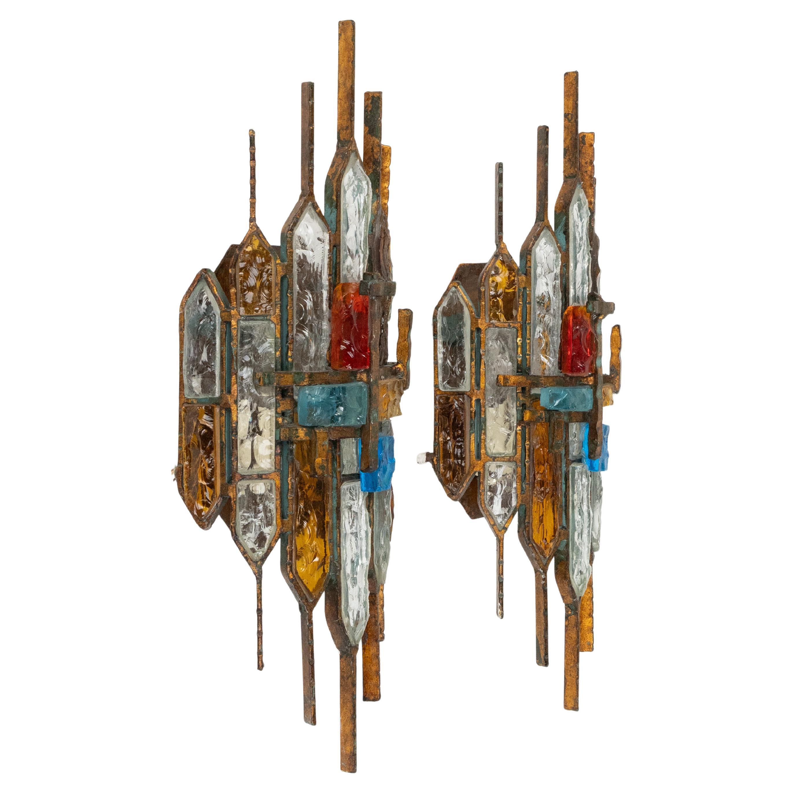 Midcentury Pair of Sconces in Iron and Hammered Glass by Longobard, Italy, 1970s