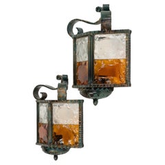 Midcentury Pair of Sconces in Iron and Hammered Glass by Longobard, Italy, 1970s