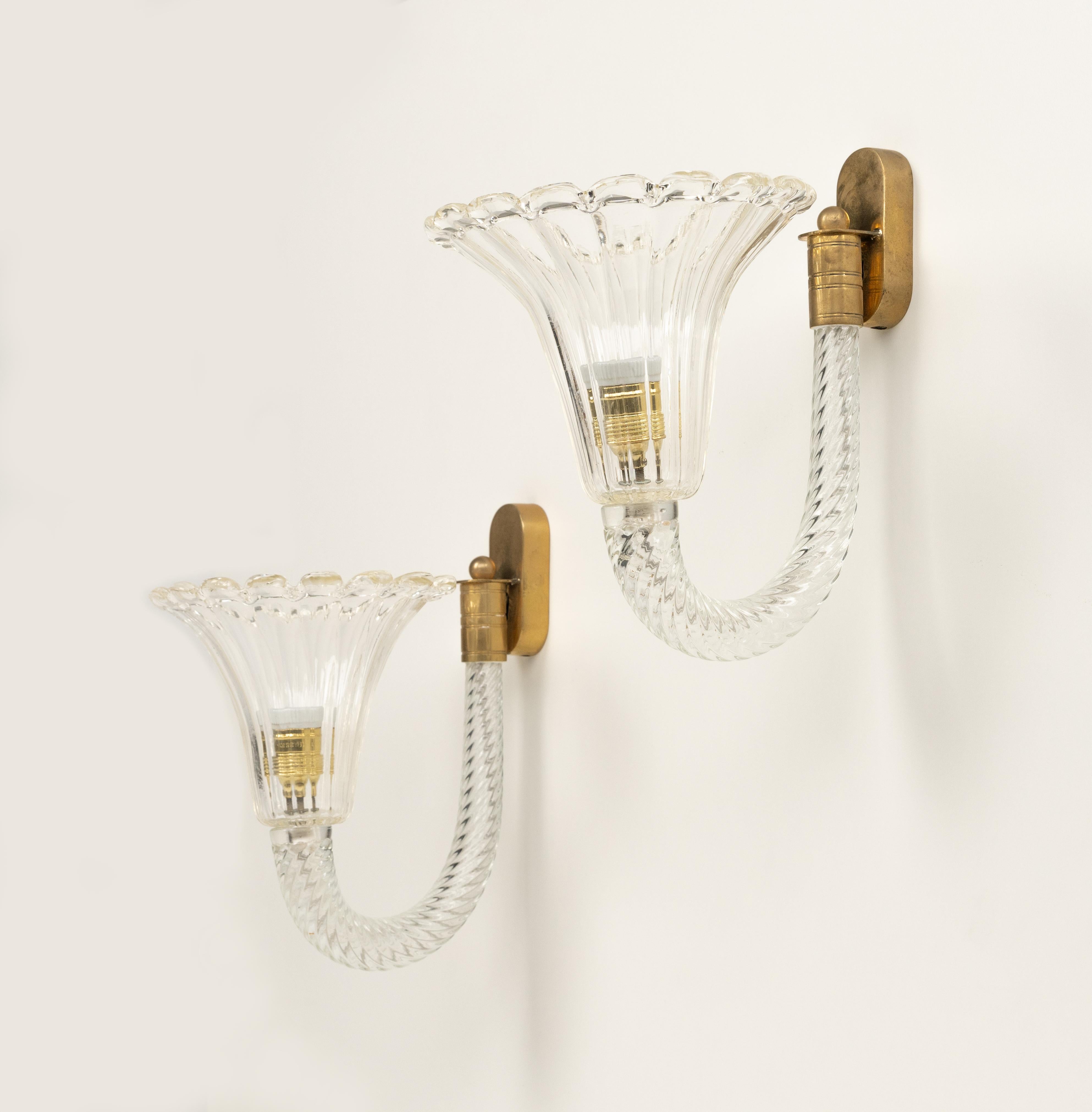 Pair of Sconces Murano Glass & Brass Barovier & Toso Style, Italy 1950s For Sale 3