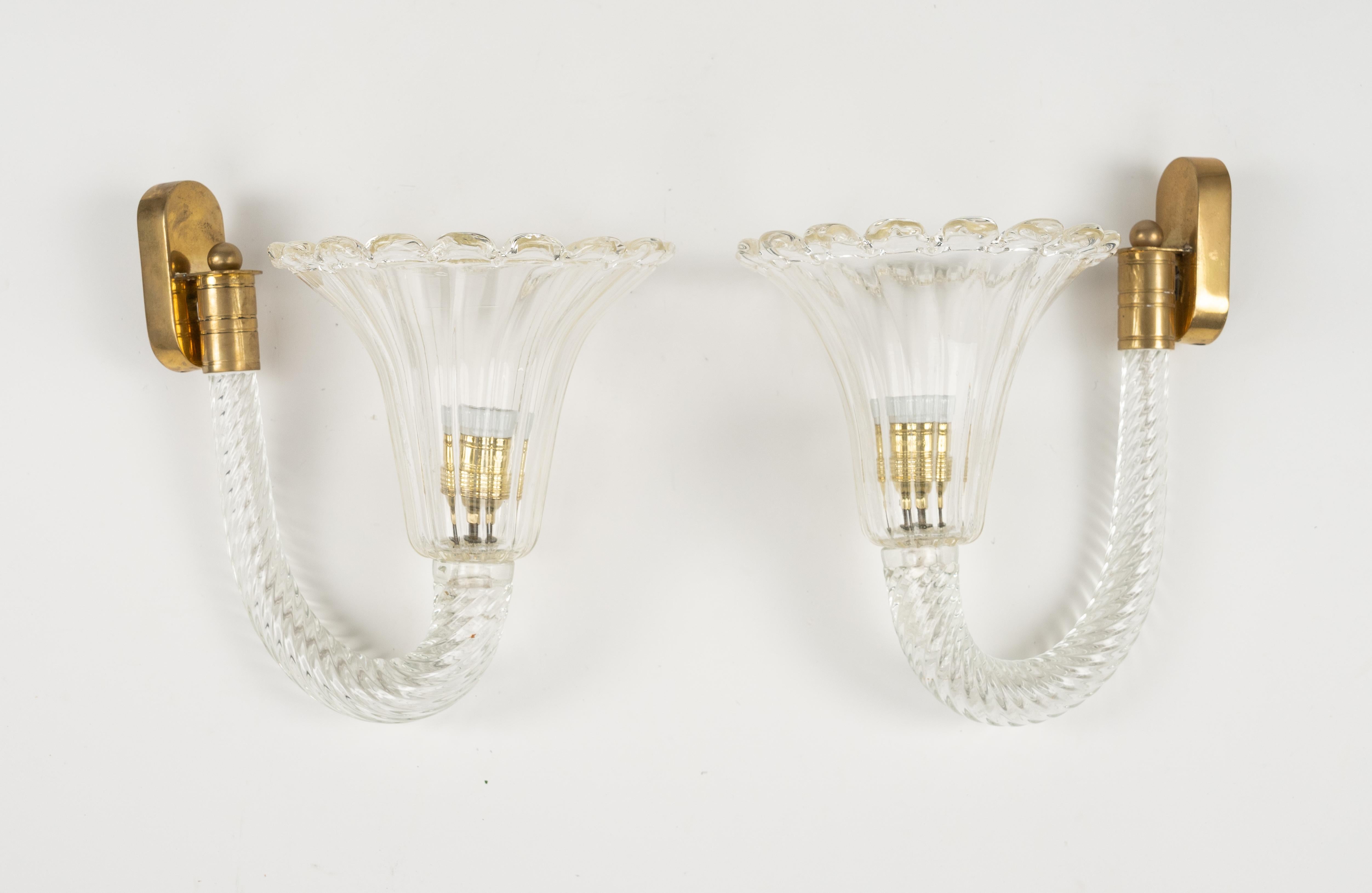 Pair of Sconces Murano Glass & Brass Barovier & Toso Style, Italy 1950s For Sale 4
