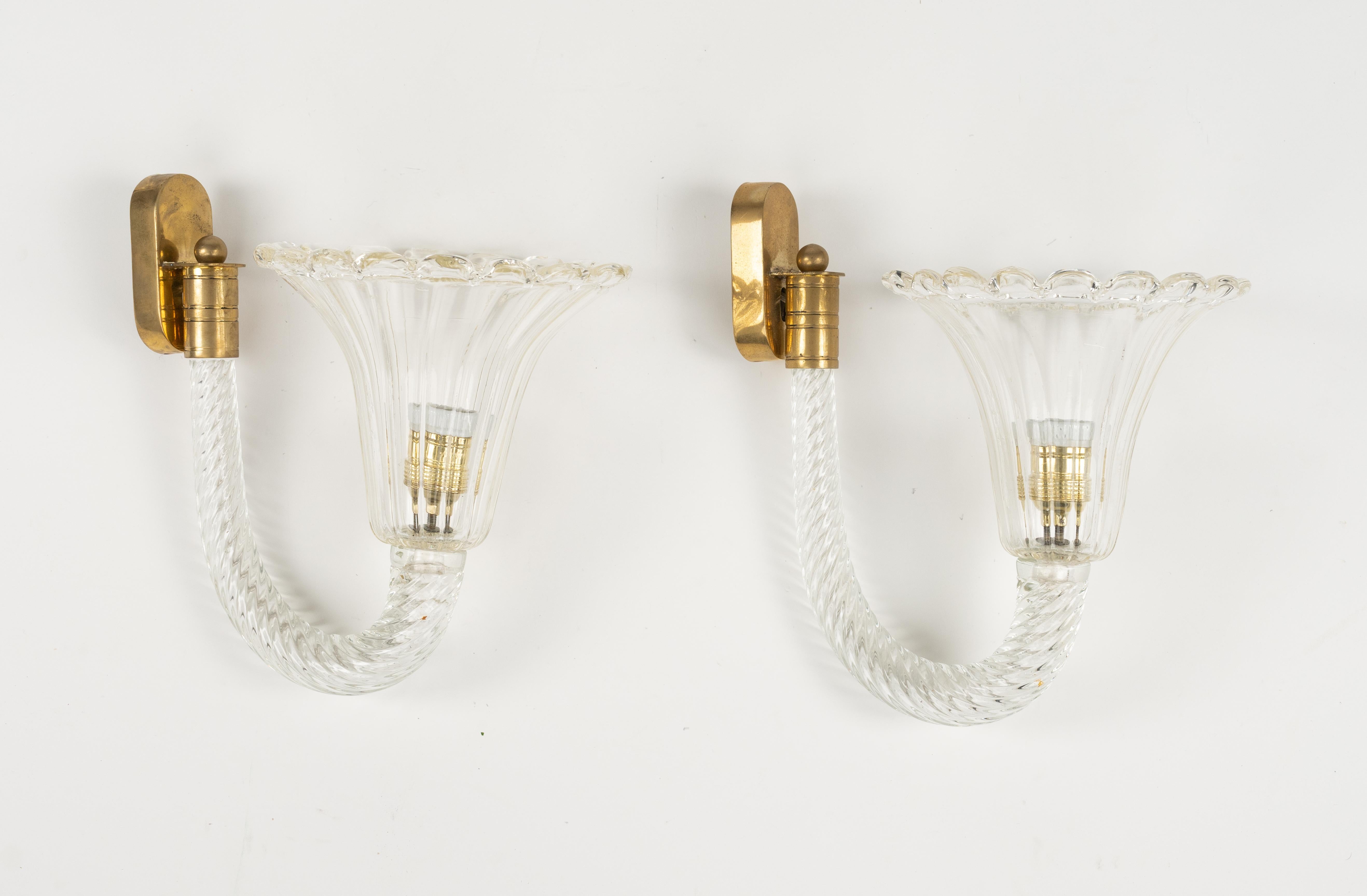 Pair of Sconces Murano Glass & Brass Barovier & Toso Style, Italy 1950s For Sale 5