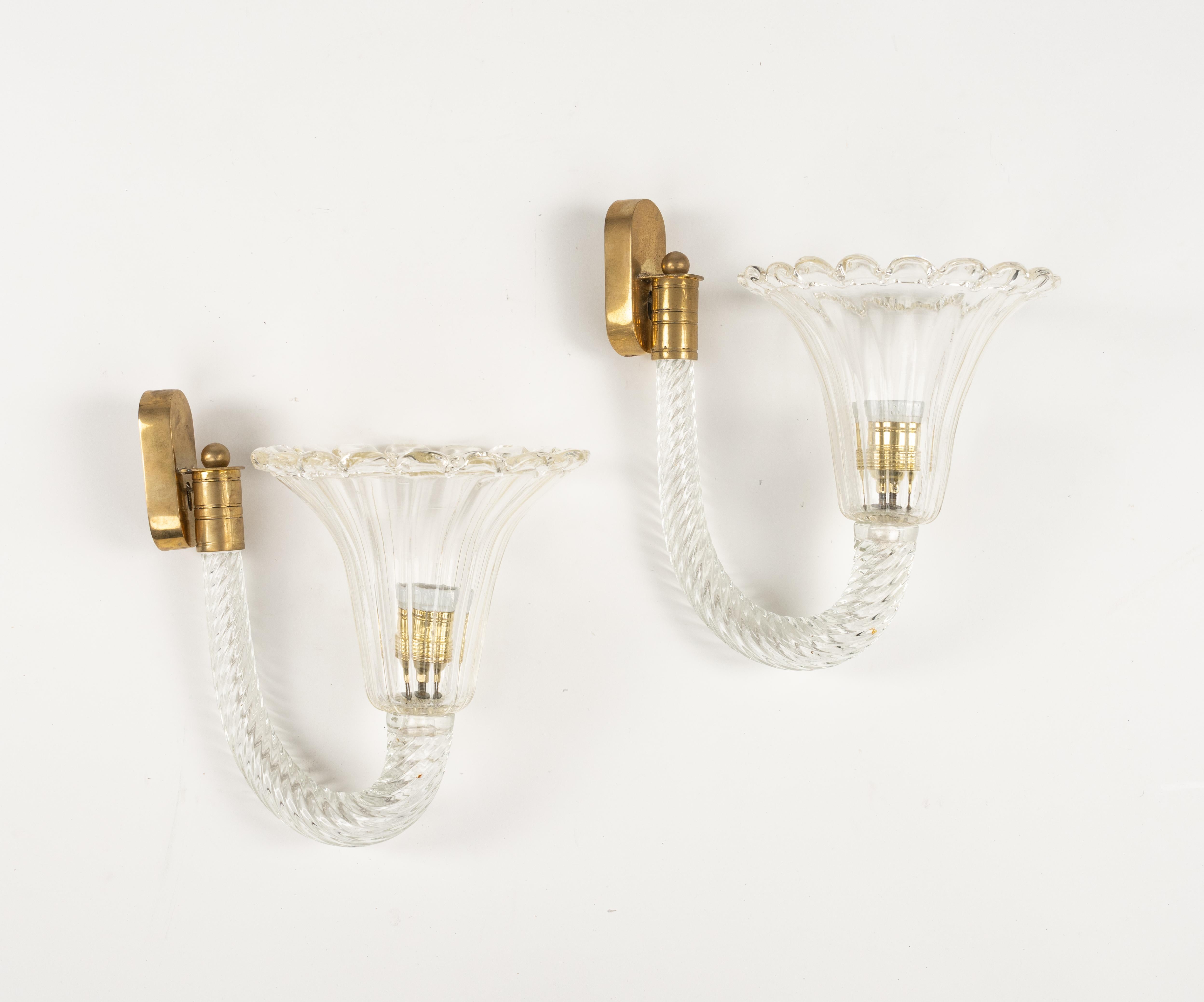 Pair of Sconces Murano Glass & Brass Barovier & Toso Style, Italy 1950s For Sale 6