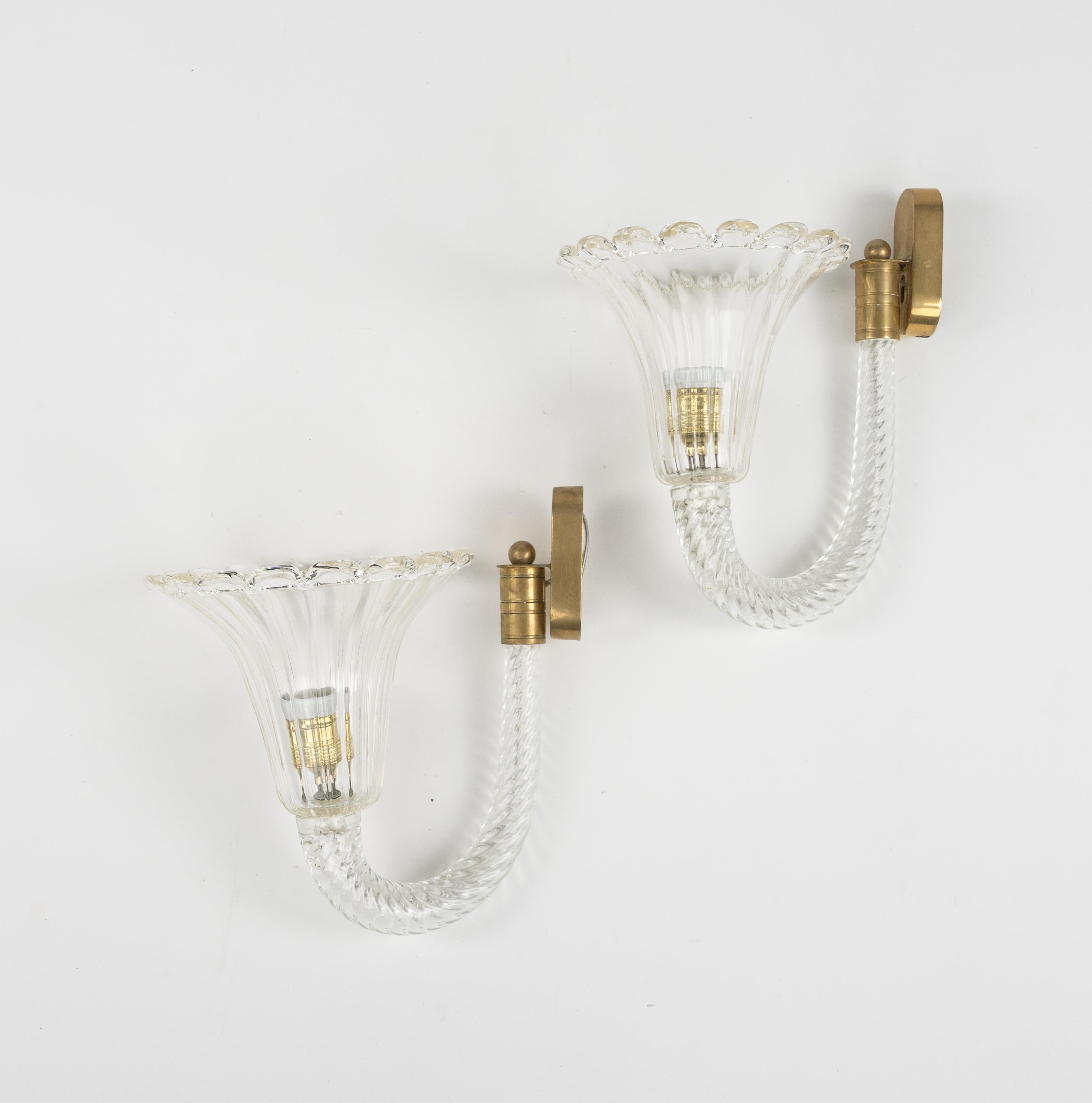 Pair of Sconces Murano Glass & Brass Barovier & Toso Style, Italy 1950s For Sale 7