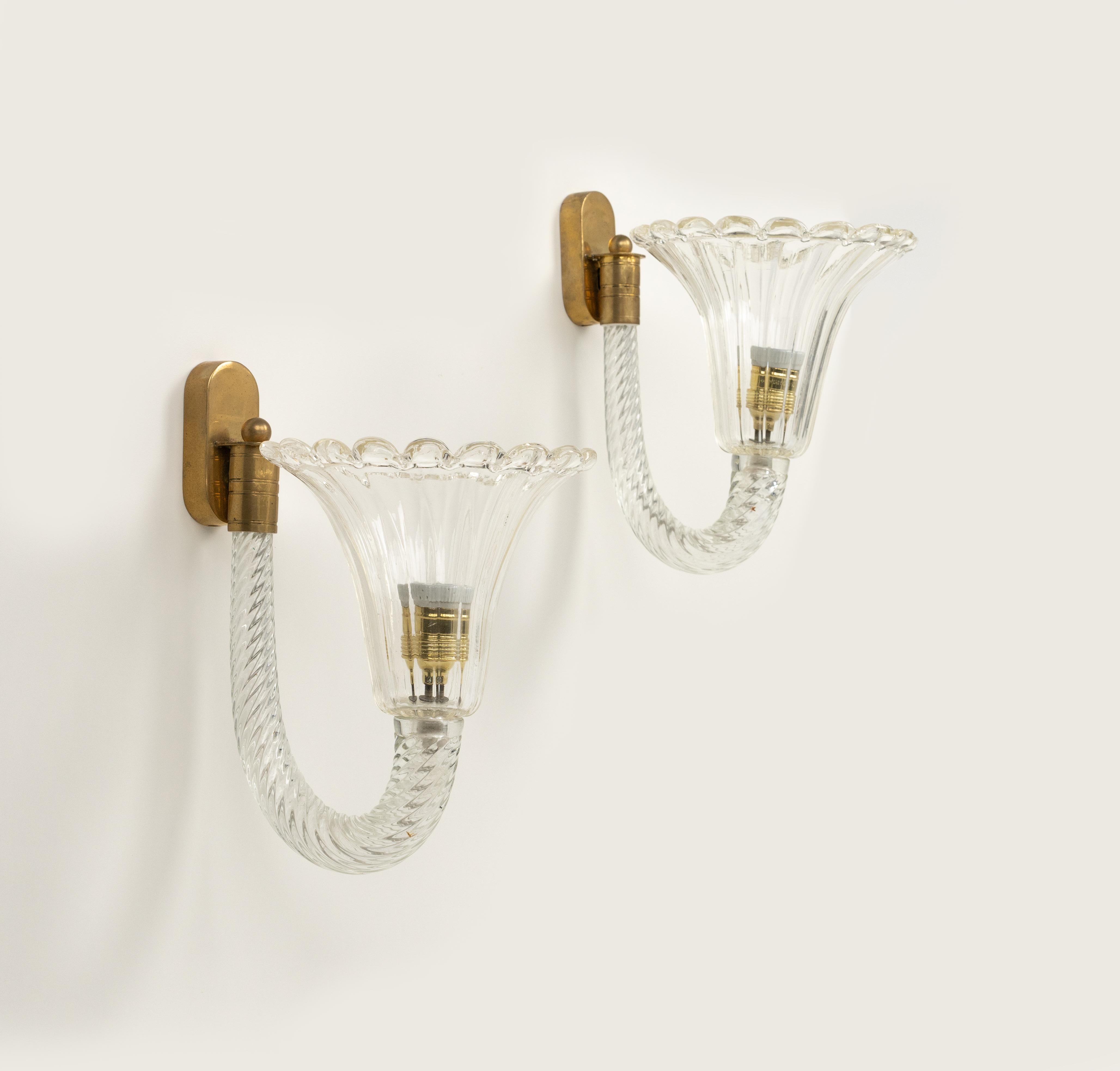 Italian Pair of Sconces Murano Glass & Brass Barovier & Toso Style, Italy 1950s For Sale