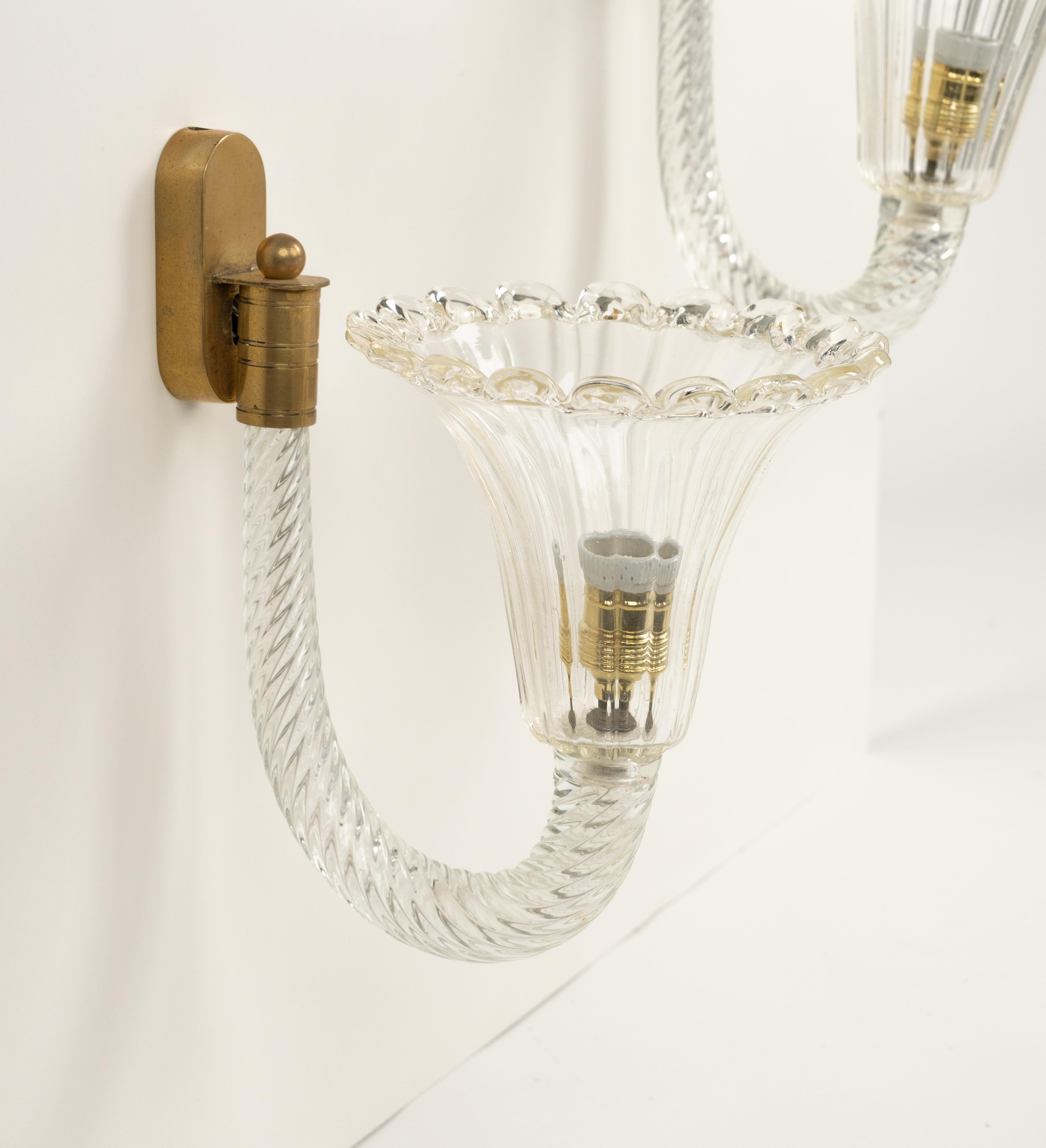 Metal Pair of Sconces Murano Glass & Brass Barovier & Toso Style, Italy 1950s For Sale