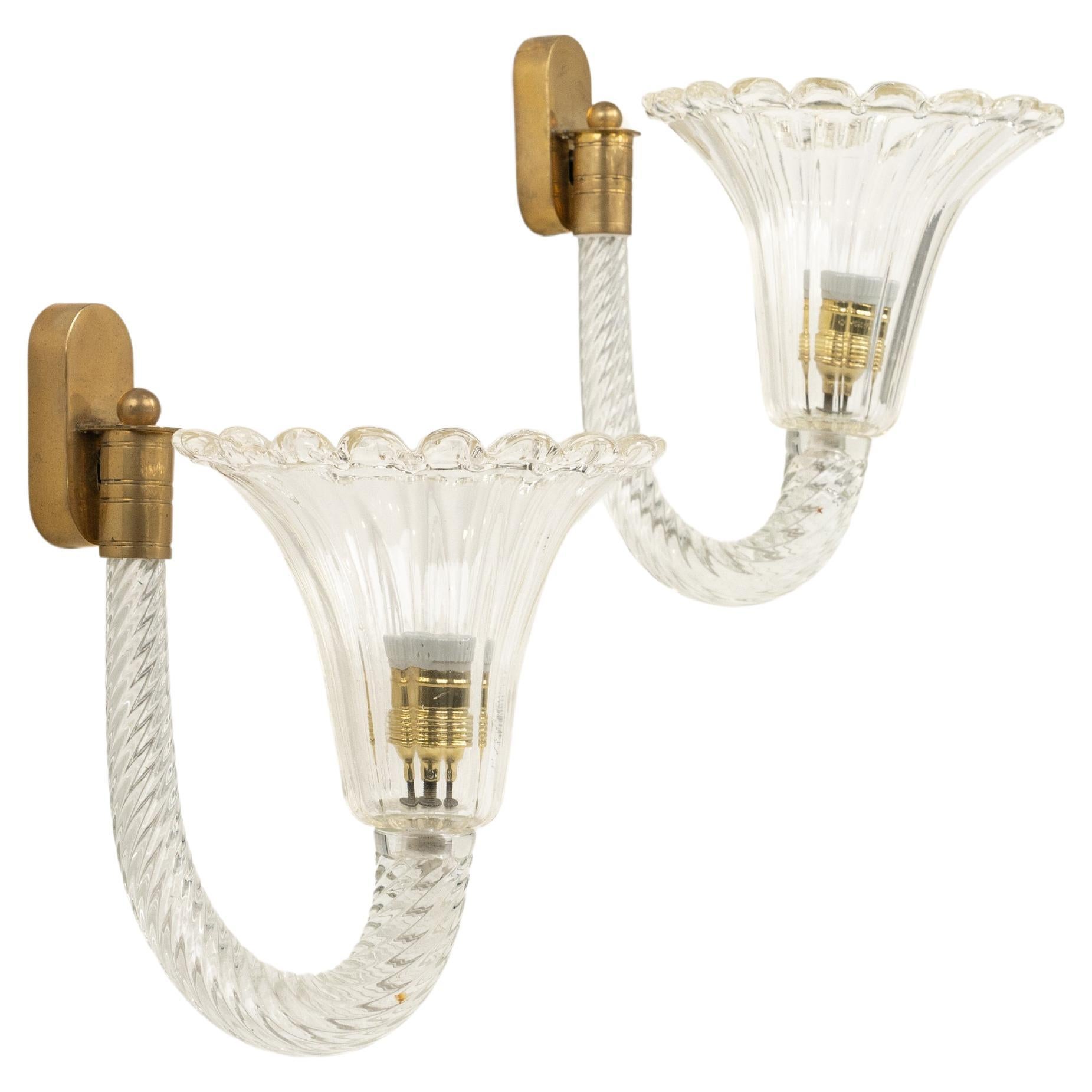 Pair of Sconces Murano Glass & Brass Barovier & Toso Style, Italy 1950s For Sale