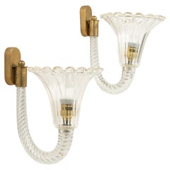 Pair of Sconces Murano Glass & Brass Barovier & Toso Style, Italy 1950s