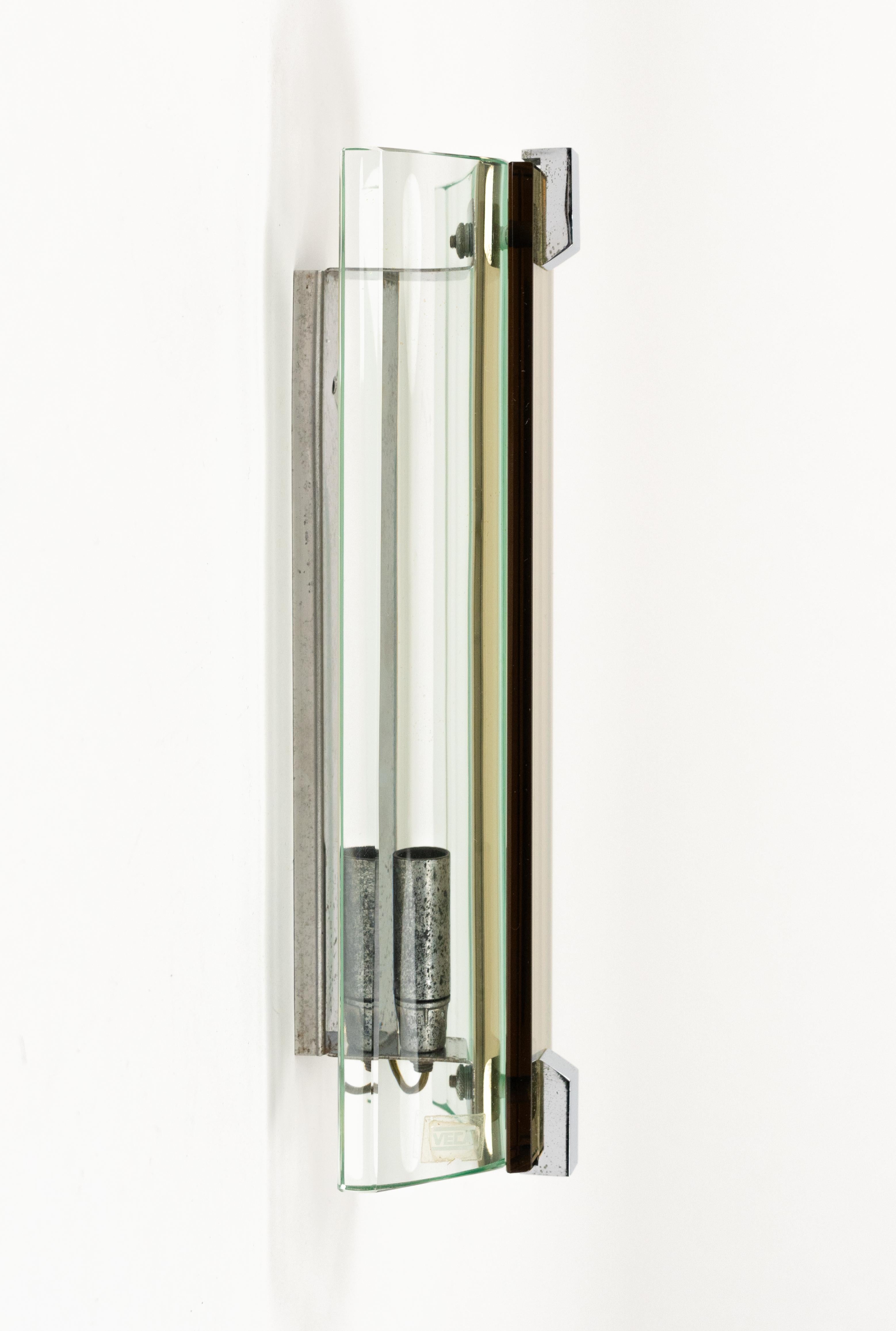 Late 20th Century Midcentury Pair of Sconces Wall Lamps in Glass and Steel by Veca, Italy 1970s For Sale