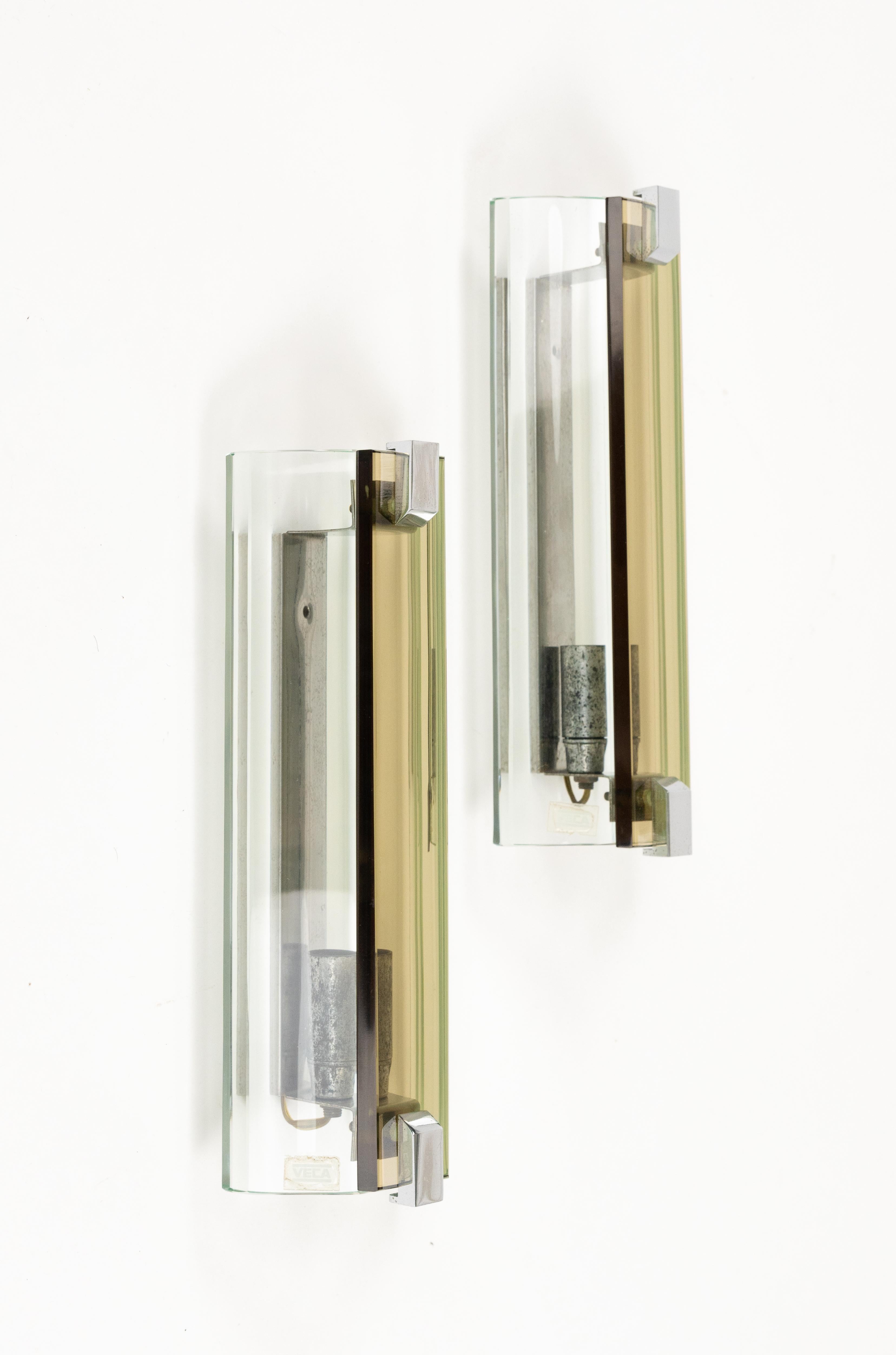 Metal Midcentury Pair of Sconces Wall Lamps in Glass and Steel by Veca, Italy 1970s For Sale