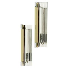 Midcentury Pair of Sconces Wall Lamps in Glass and Steel by Veca, Italy 1970s