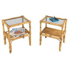 Midcentury Pair of Side Tables in Rattan, Bamboo and Glass, Italy 1960s