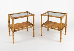 Midcentury Pair of Side Tables in Rattan, Bamboo and Smoked Glass, Italy 1970s