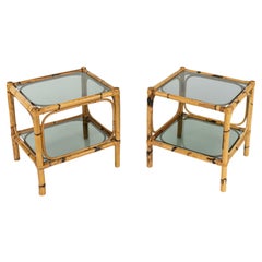 Midcentury Pair of Side Tables in Rattan, Bamboo and Smoked Glass, Italy 1970s