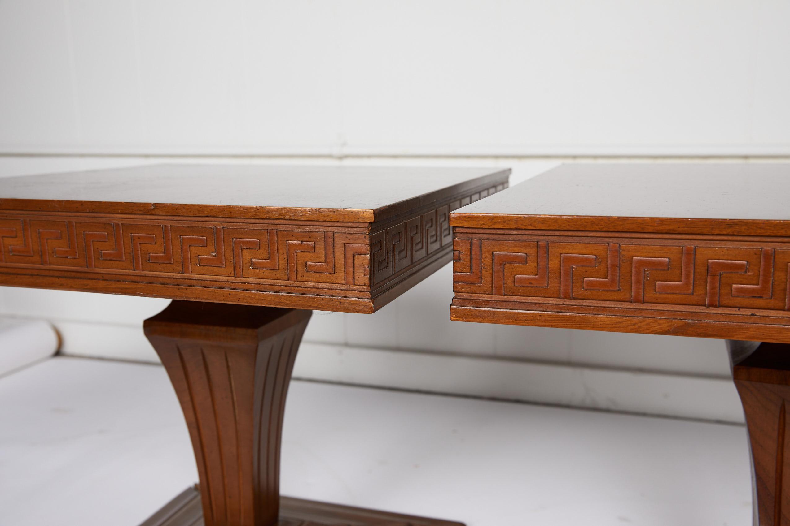 American Midcentury Pair of Side Tables with Greek Key Detail