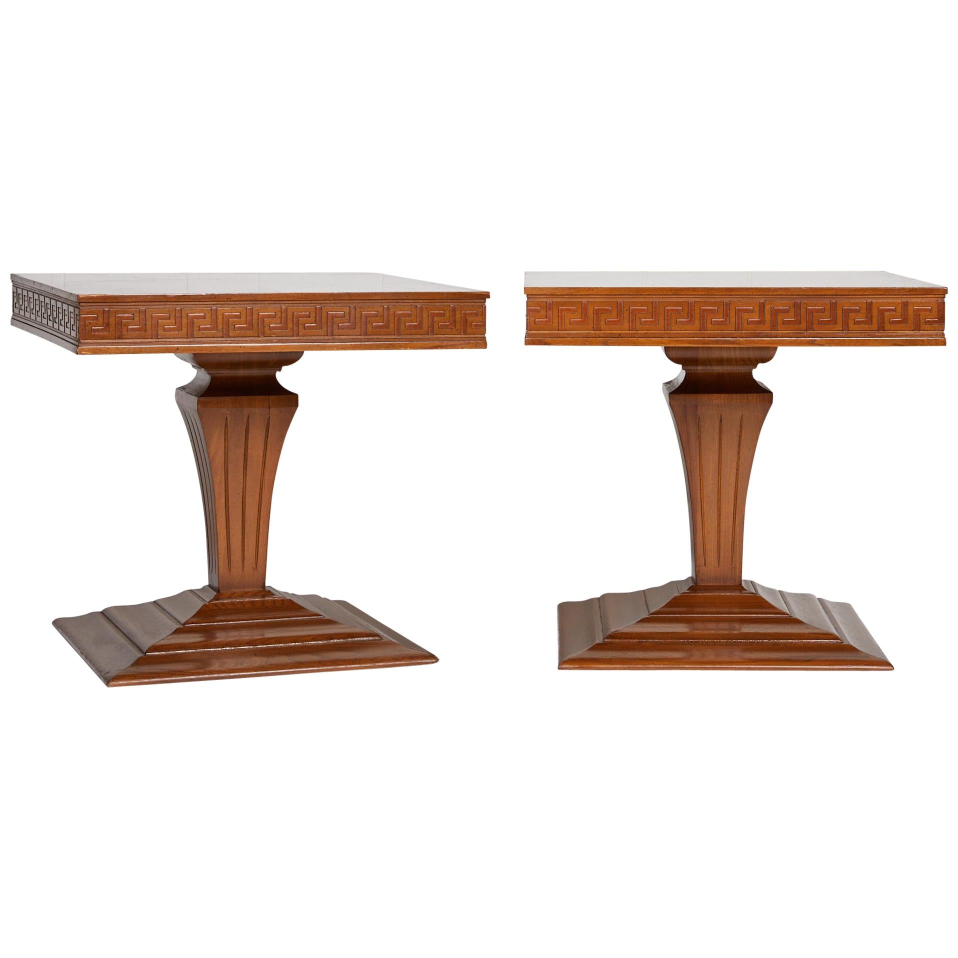 Midcentury Pair of Side Tables with Greek Key Detail
