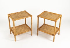 Midcentury Pair of Side Tables with Two-Tier in Rattan and Bamboo, Italy 1970s