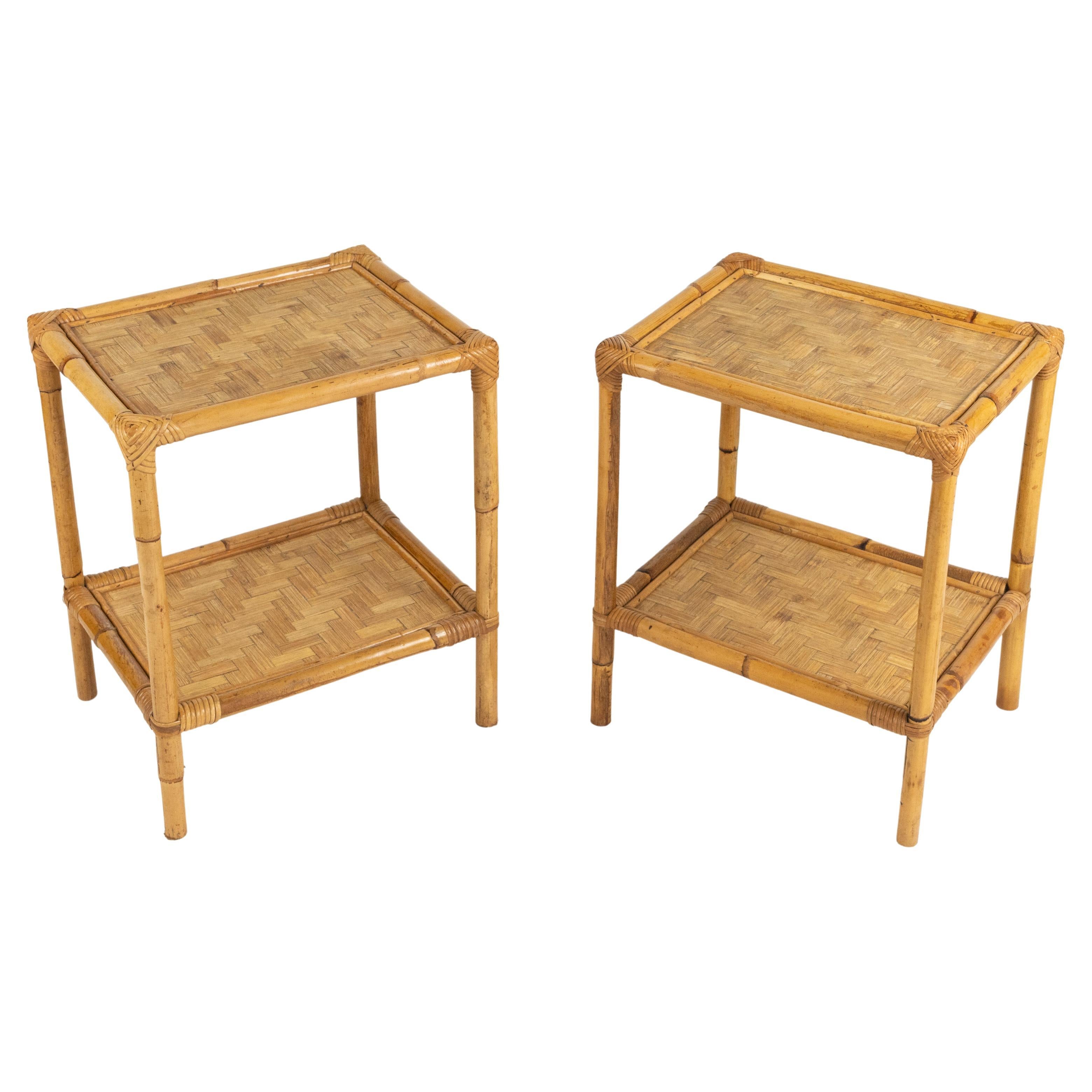 Midcentury Pair of Side Tables with Two-Tier in Rattan and Bamboo, Italy 1970s
