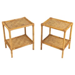 Midcentury Pair of Side Tables with Two-Tier in Rattan and Bamboo, Italy 1970s