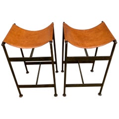 Midcentury Pair of Steel and Leather Sling Stools Style of William Katavolos