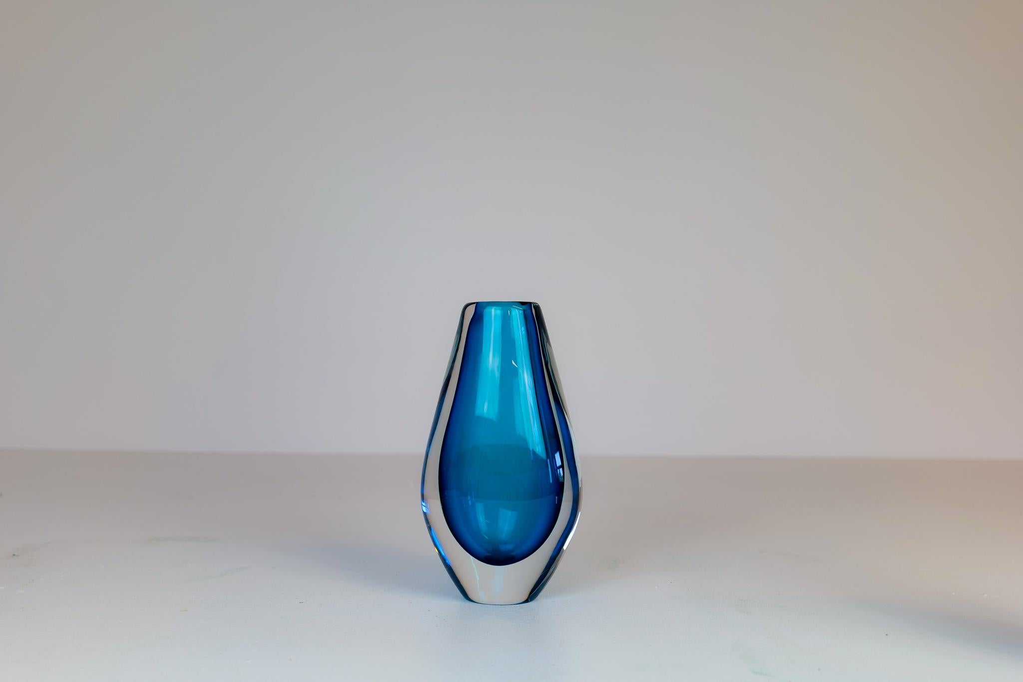 Mid-Century Modern Midcentury Modern Pair of Sven Palmqvist Orrefors Heavy Crystal Vases Clear Blue For Sale