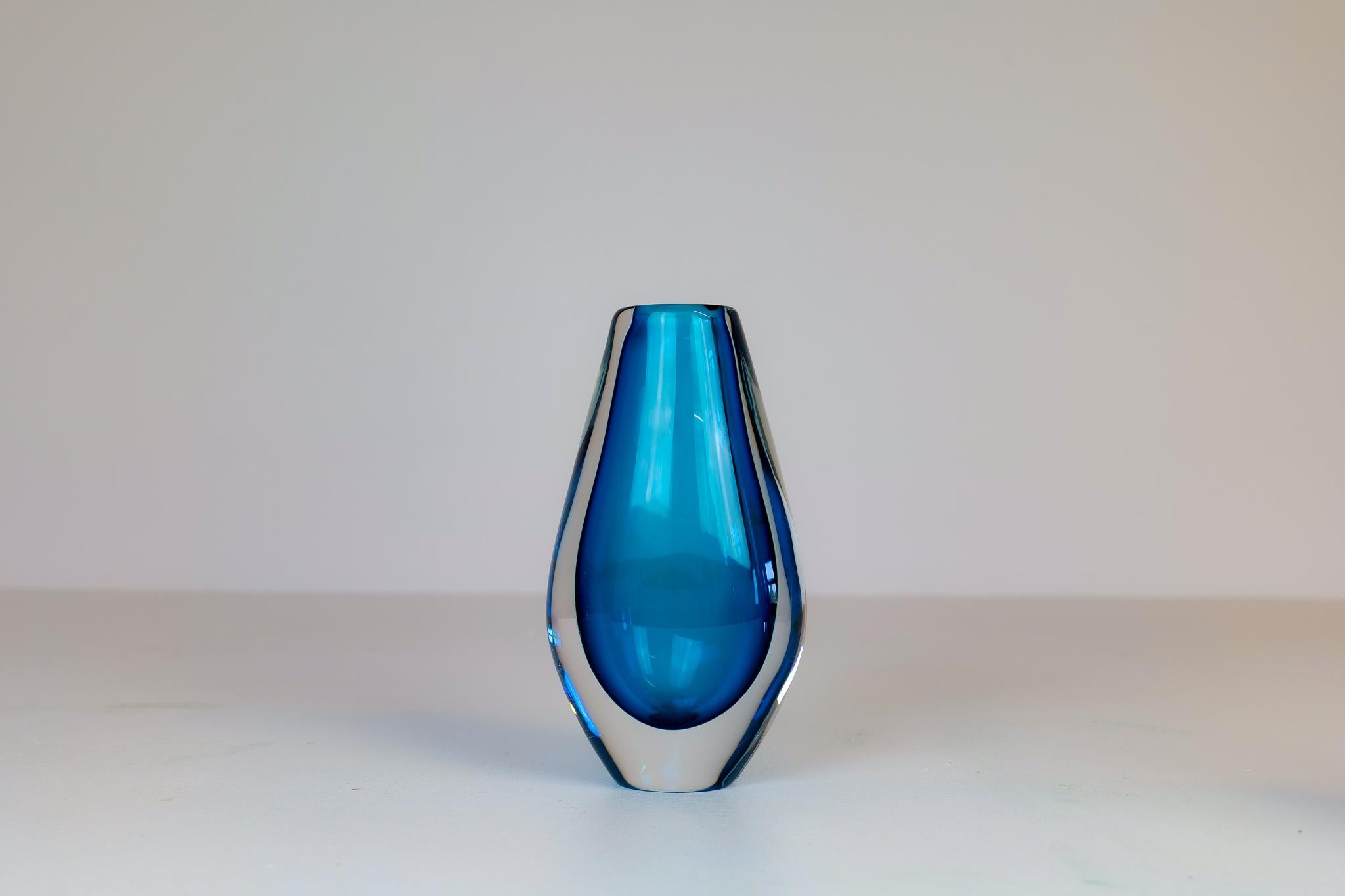 Swedish Midcentury Modern Pair of Sven Palmqvist Orrefors Heavy Crystal Vases Clear Blue For Sale