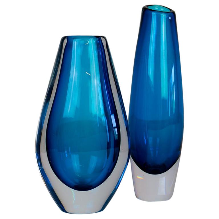 Midcentury Pair of Sven Palmqvist Orrefors Heavy Crystal Vases Clear Blue