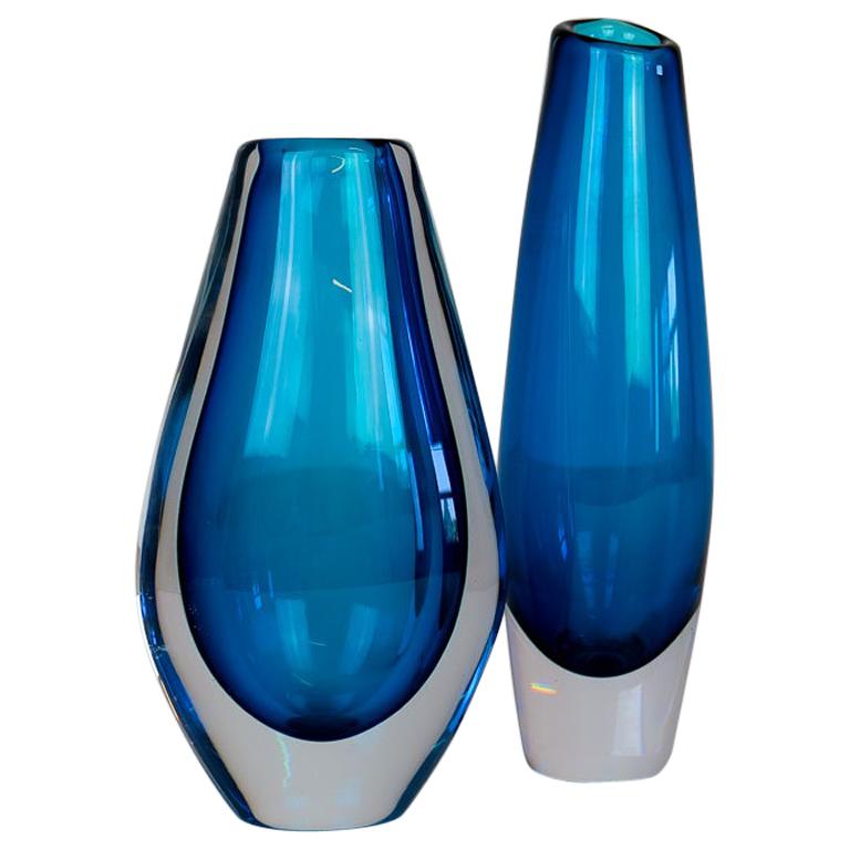 Midcentury Modern Pair of Sven Palmqvist Orrefors Heavy Crystal Vases