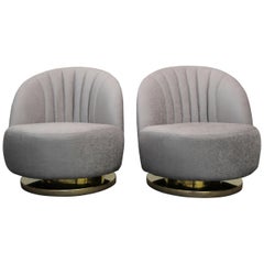 Midcentury Pair of Swivel Slipper Chairs with Brass Bases by Milo Baughman