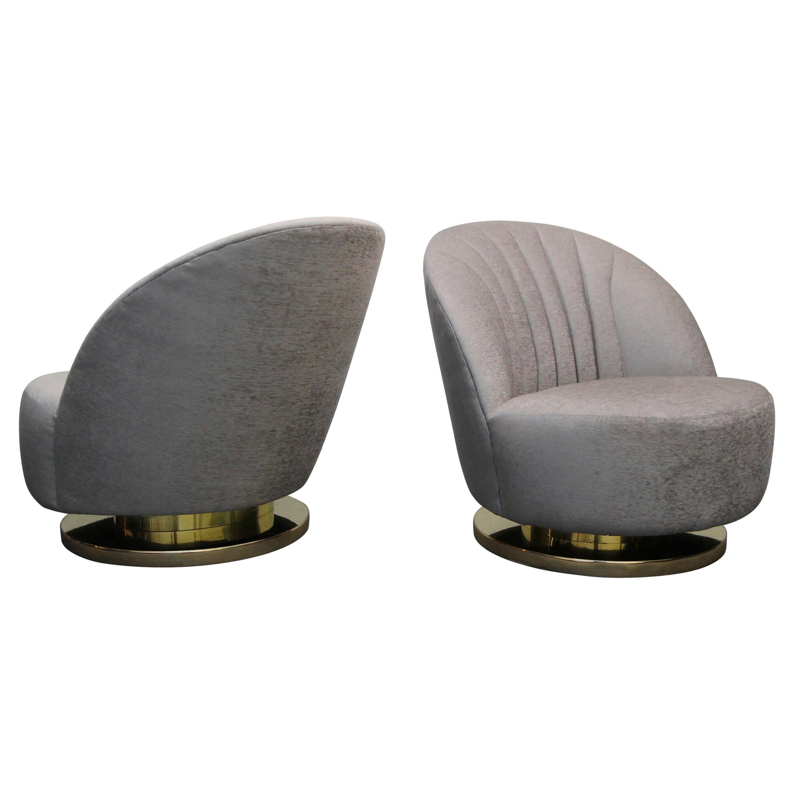 Midcentury Pair of Swivel Slipper Chairs with Brass Bases by Milo Baughman