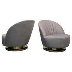 Midcentury Pair of Swivel Slipper Chairs with Brass Bases by Milo Baughman