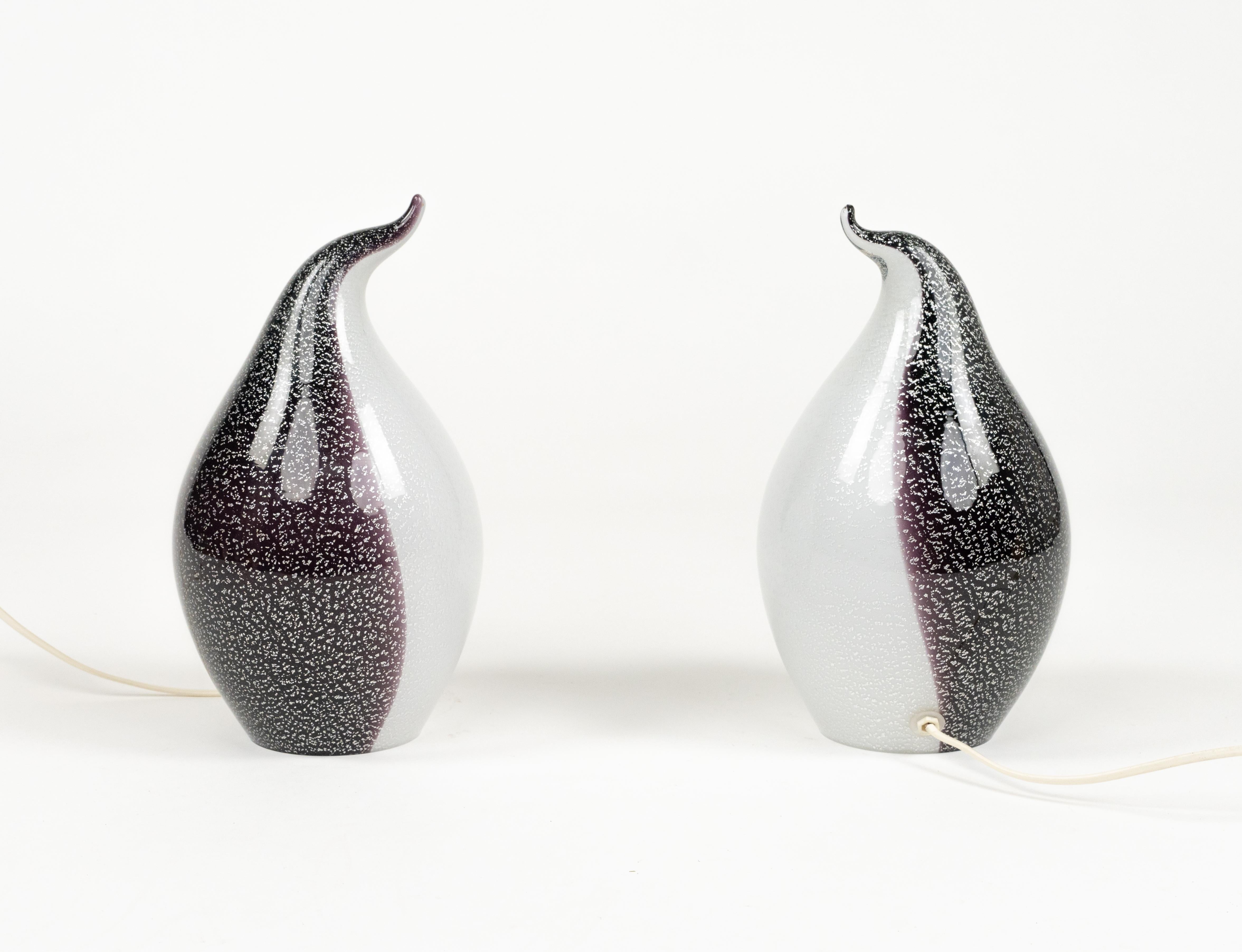 Italian Midcentury Pair of Table Lamp in Murano Glass Shape of Penguin, Italy 1970s For Sale