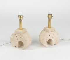 Paire de lampes de table Éléphant en travertin et laiton, Italie, années 1970