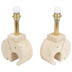 Paire de lampes de table Éléphant en travertin et laiton, Italie, années 1970