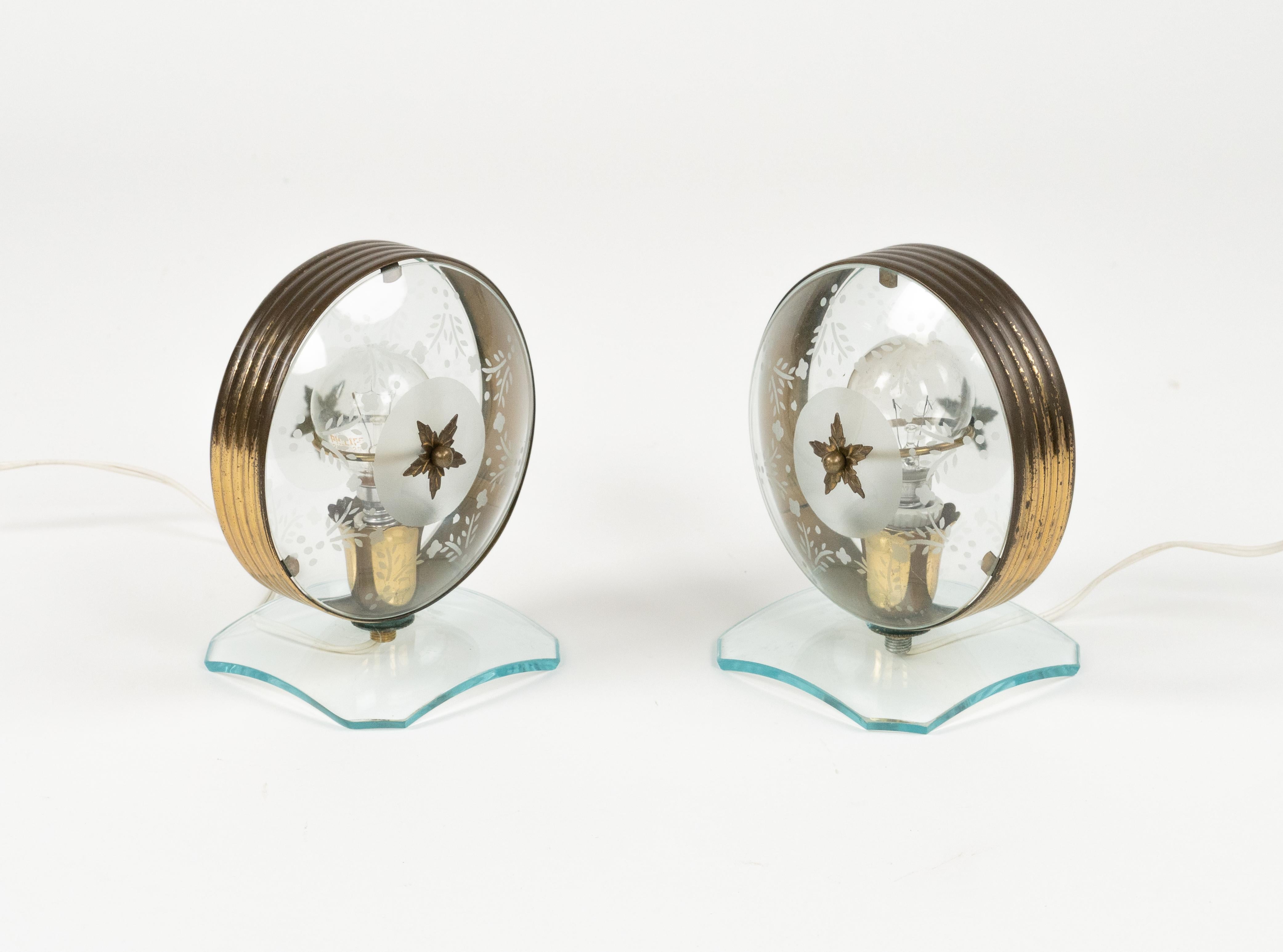 Mid-Century Modern Midcentury Pair of Table Lamps in Brass & Glass Fontana Arte Style, Italy 1950s For Sale