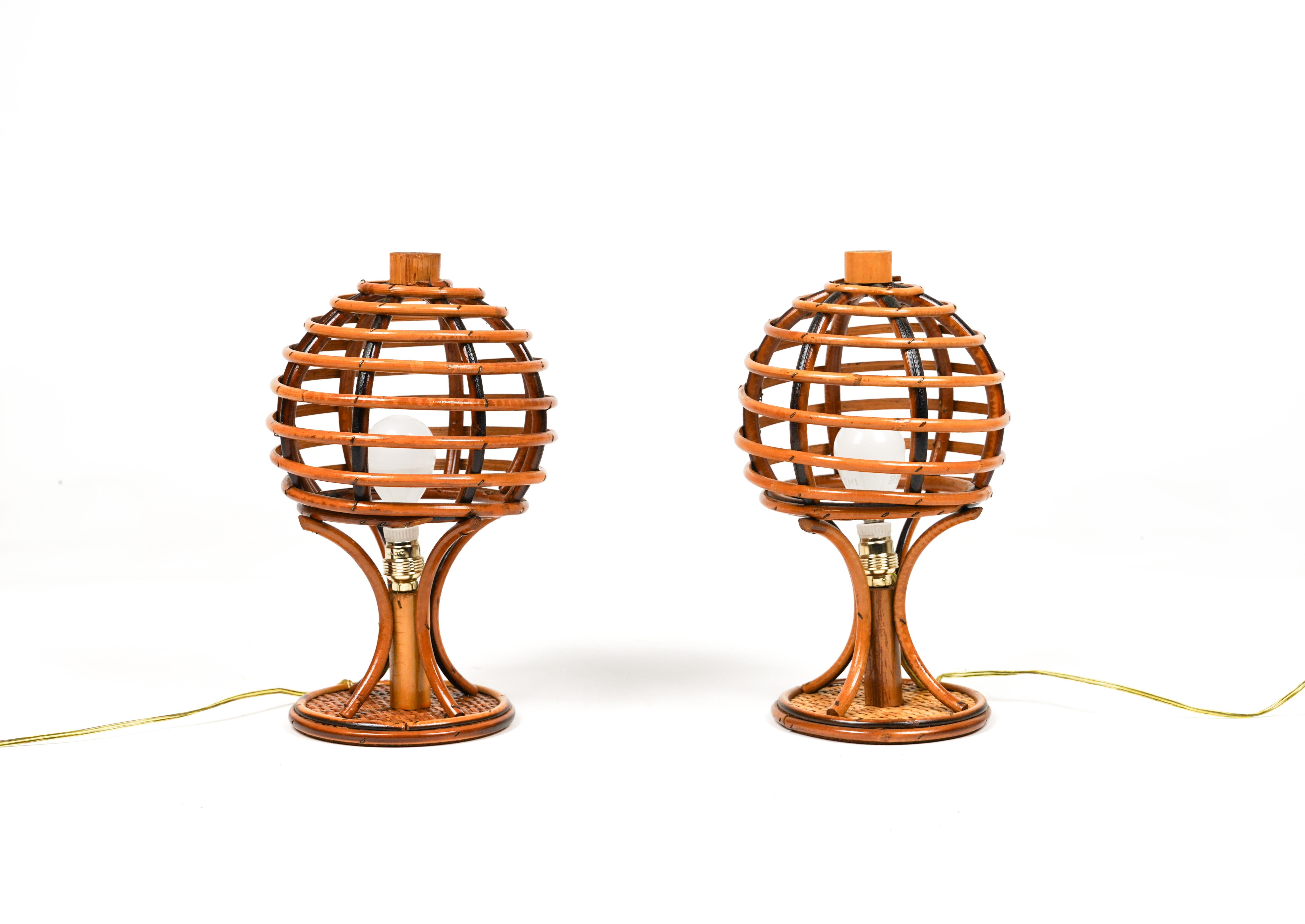 Beautiful pair of table lamps in bamboo and rattan in the style of Louis Sognot.

Made in Italy in the 1960s.

Bamboo / rattan has been polished by a professional restorer.

Electrical system is new.


Louis Sognot was a French designer best known